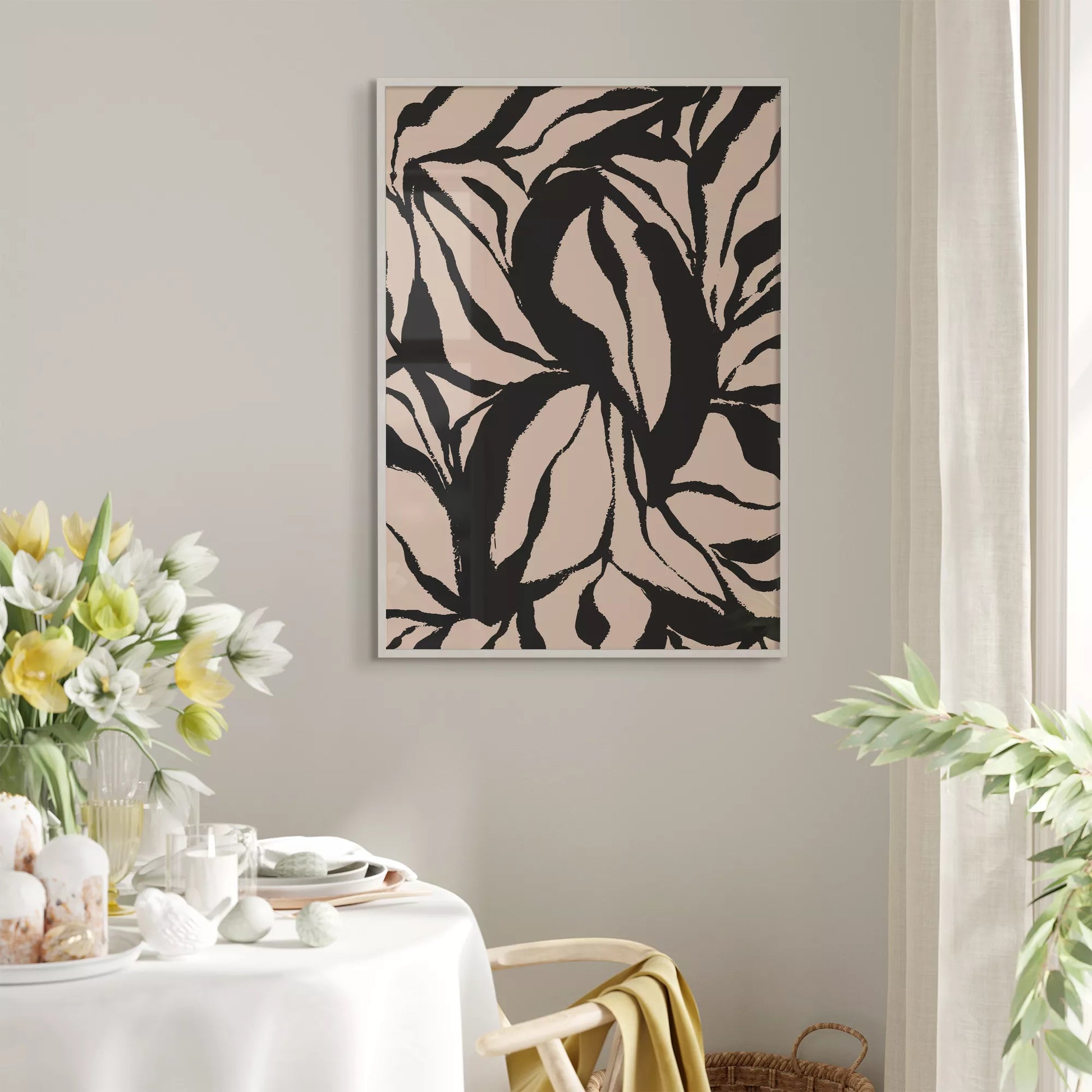 モダンな黒白の葉模様アート、北欧インテリアデザイン