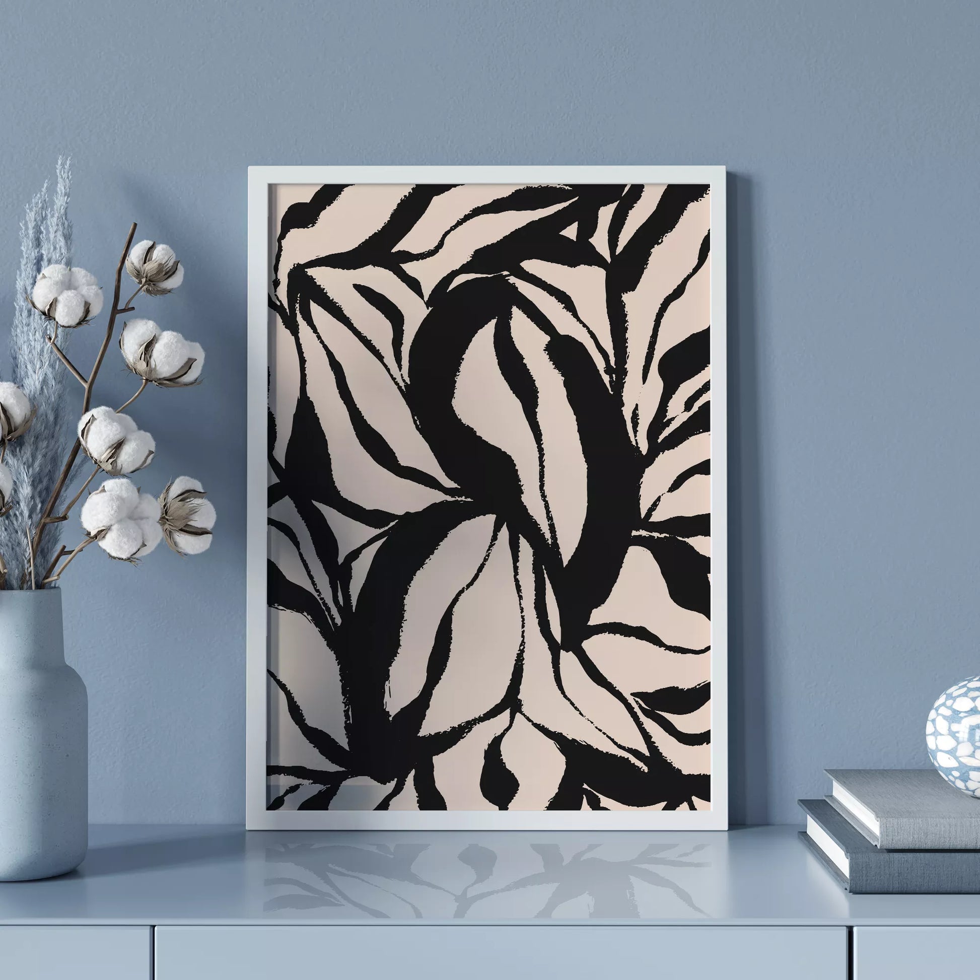 モダンな黒白の葉模様アート、北欧インテリアデザイン