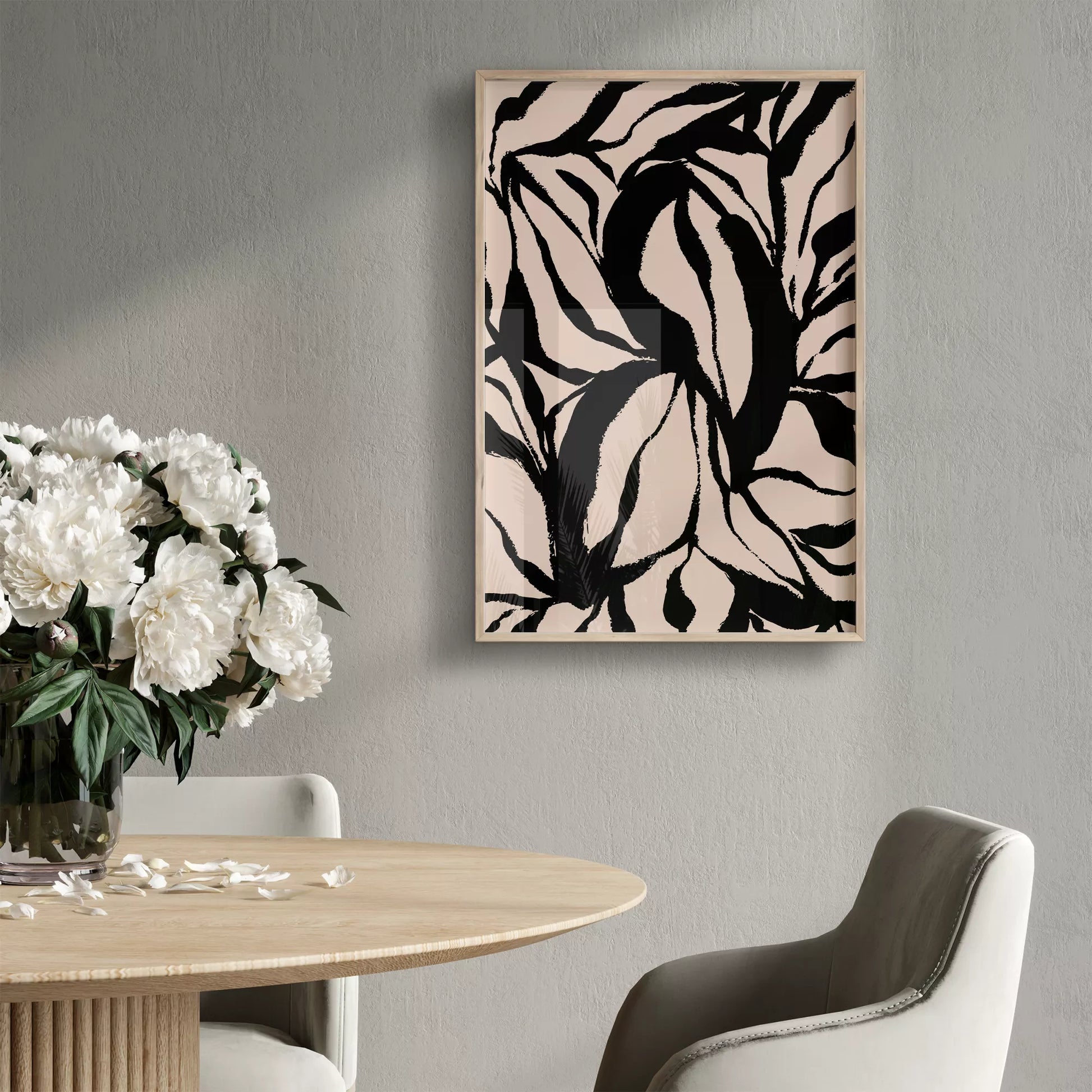 モダンな黒白の葉模様アート、北欧インテリアデザイン