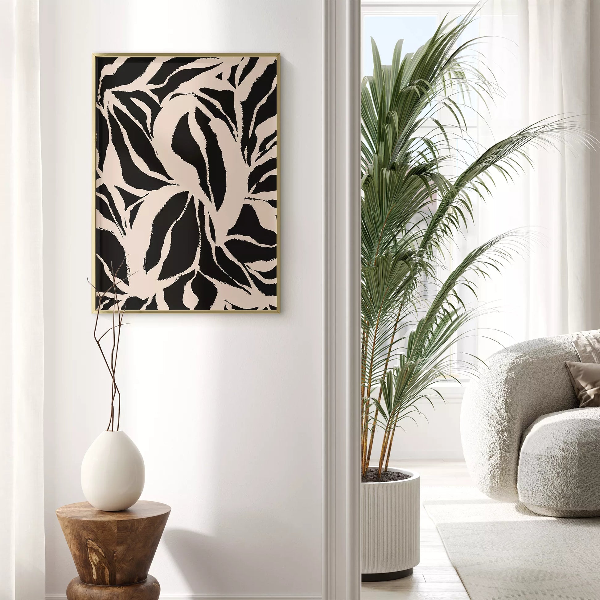 モダンな白黒の植物パターン、大胆な葉のシルエットアート