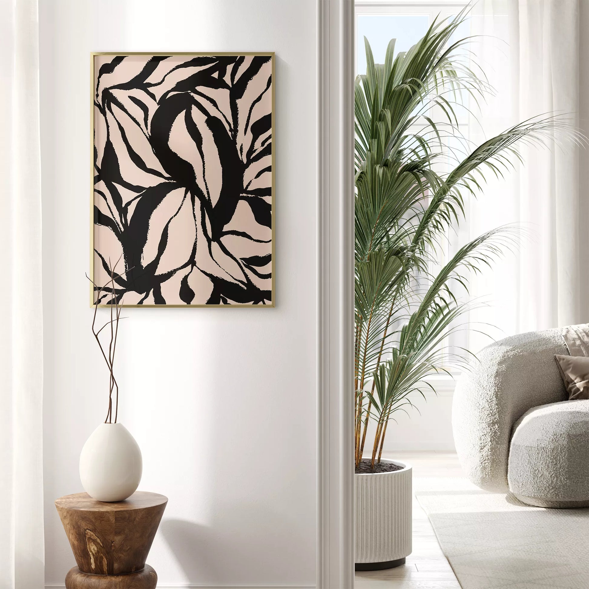 モダンな黒白の葉模様アート、北欧インテリアデザイン