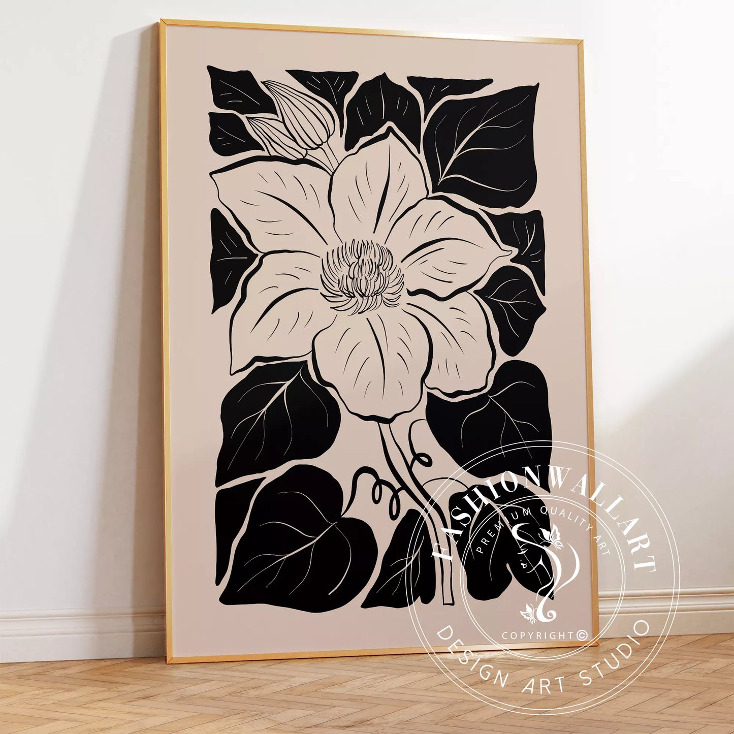 モダンな白黒の木版画風マグノリアの花のボタニカルアート