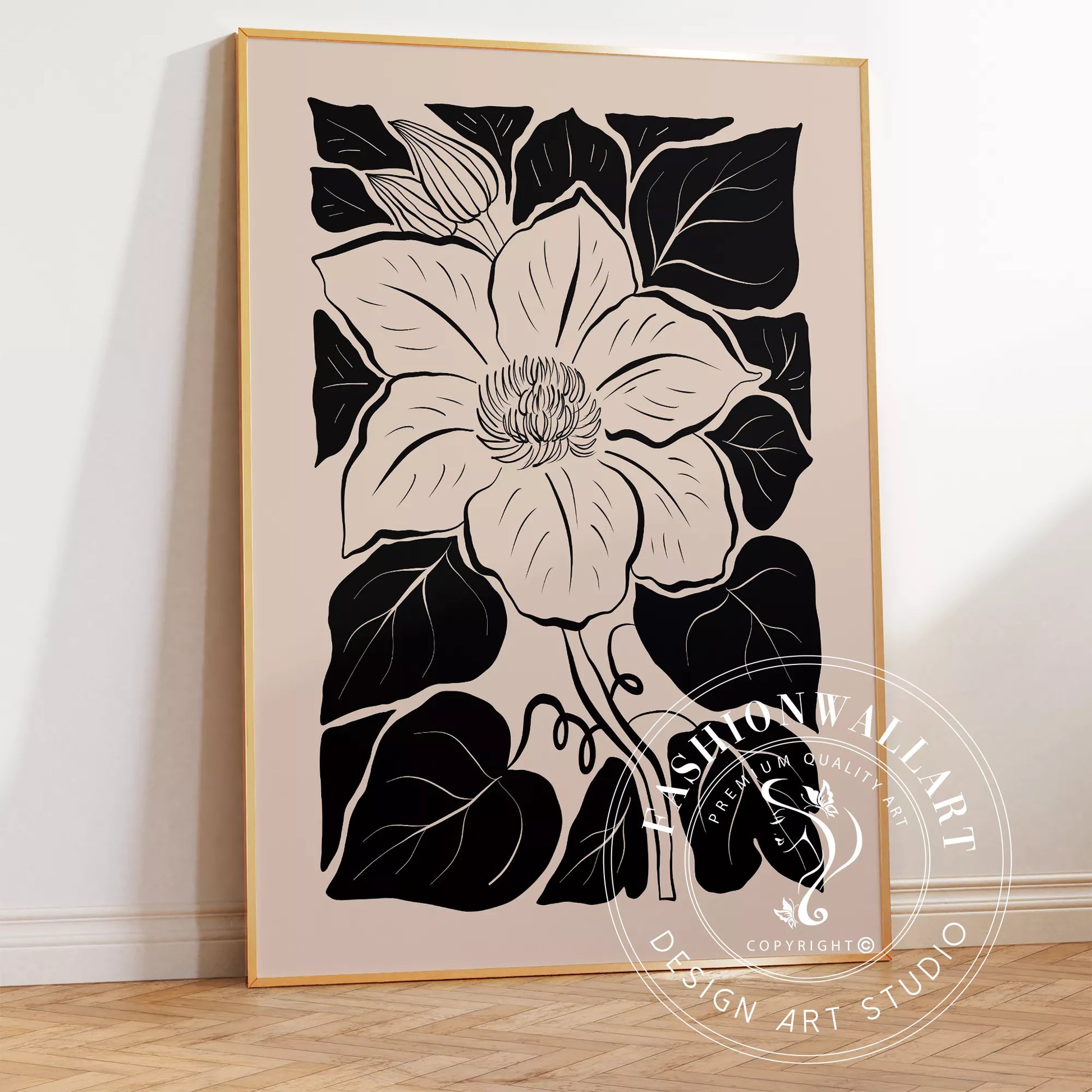 モダンな白黒の木版画風マグノリアの花のボタニカルアート