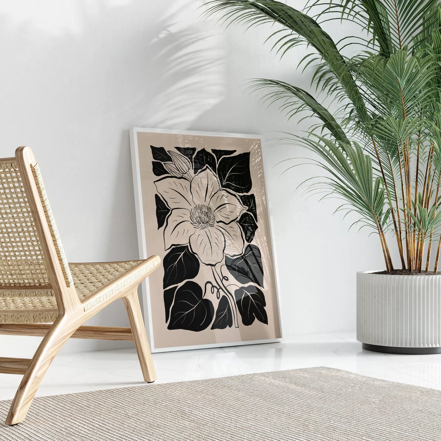 モダンな白黒の木版画風マグノリアの花のボタニカルアート