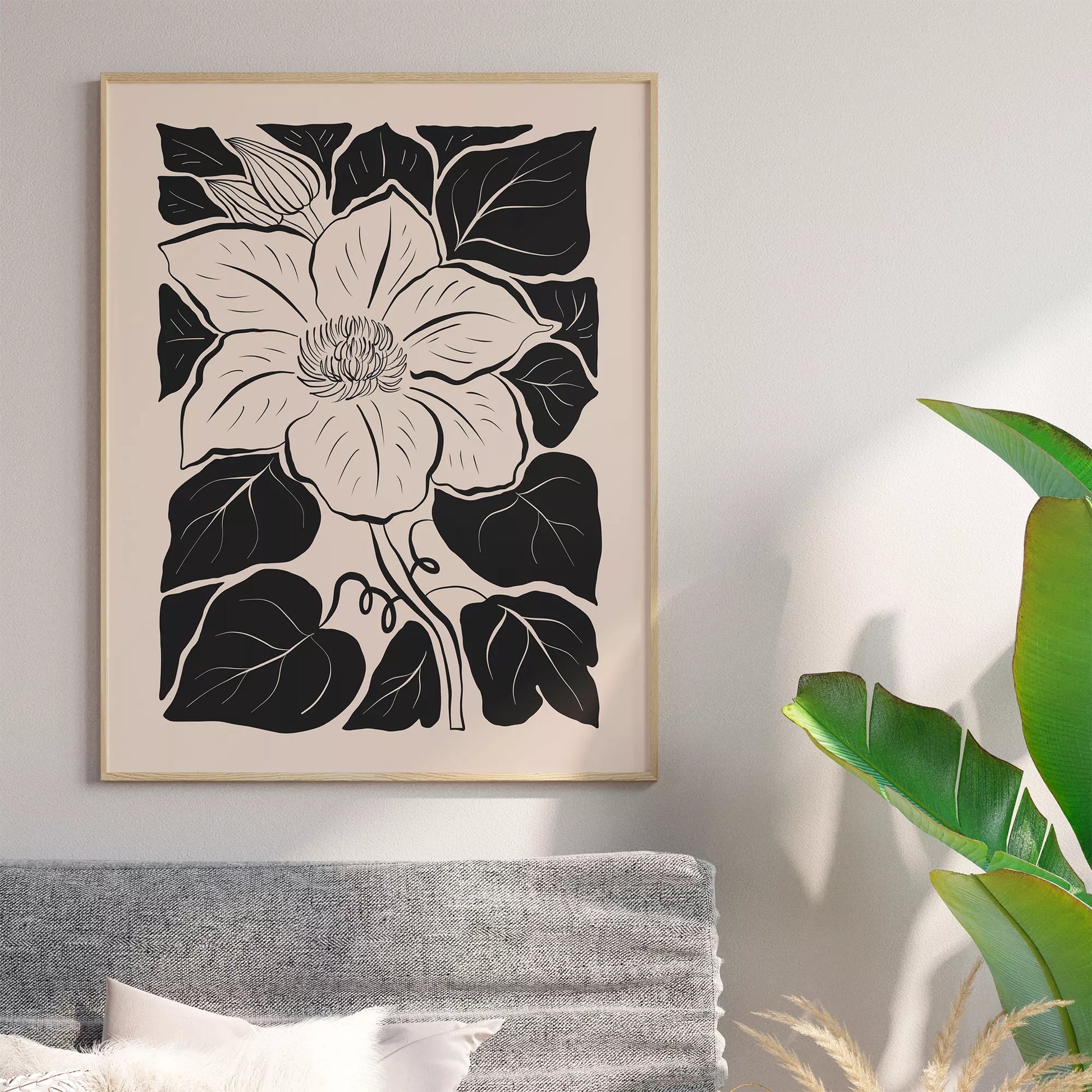 モダンな白黒の木版画風マグノリアの花のボタニカルアート