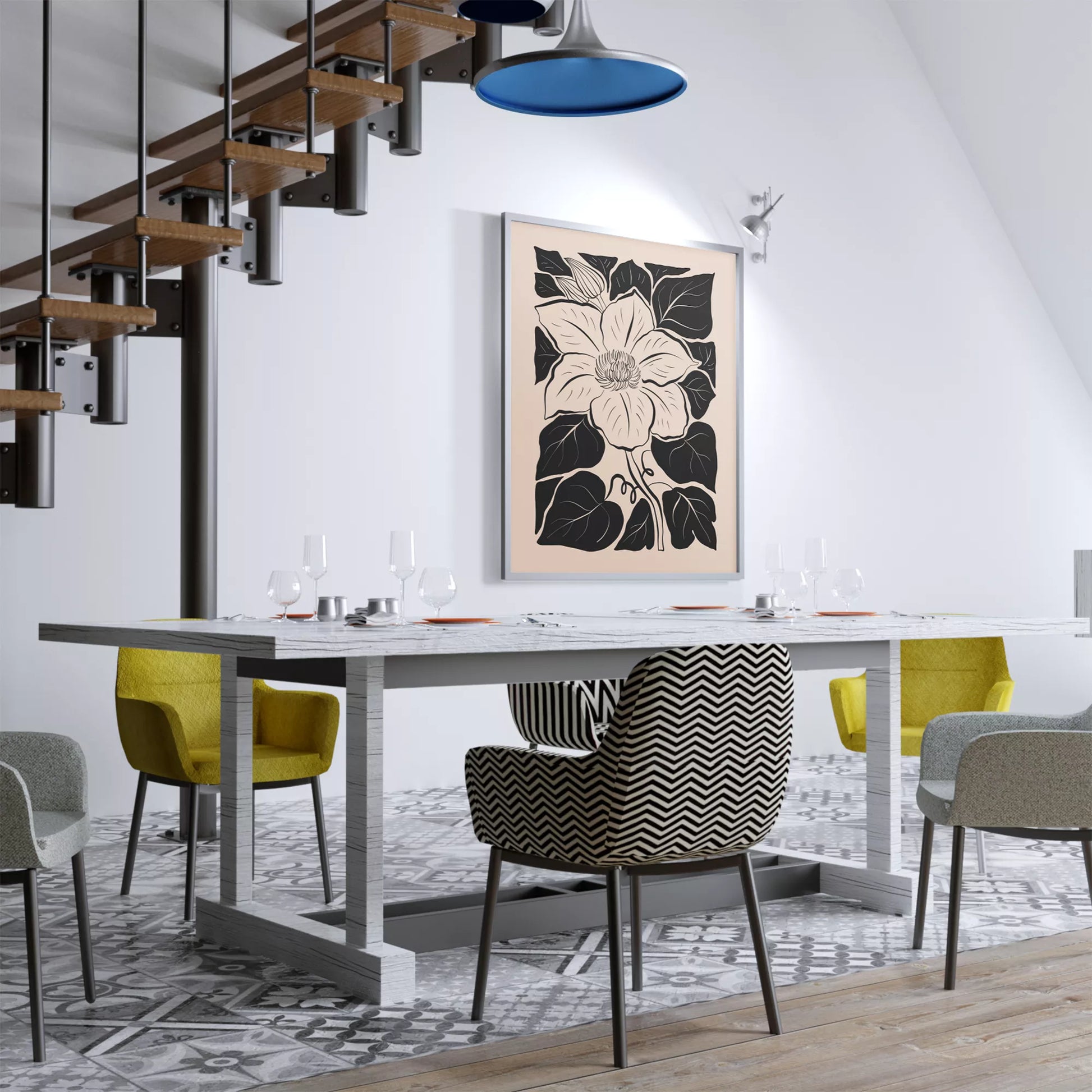 モダンな白黒の木版画風マグノリアの花のボタニカルアート