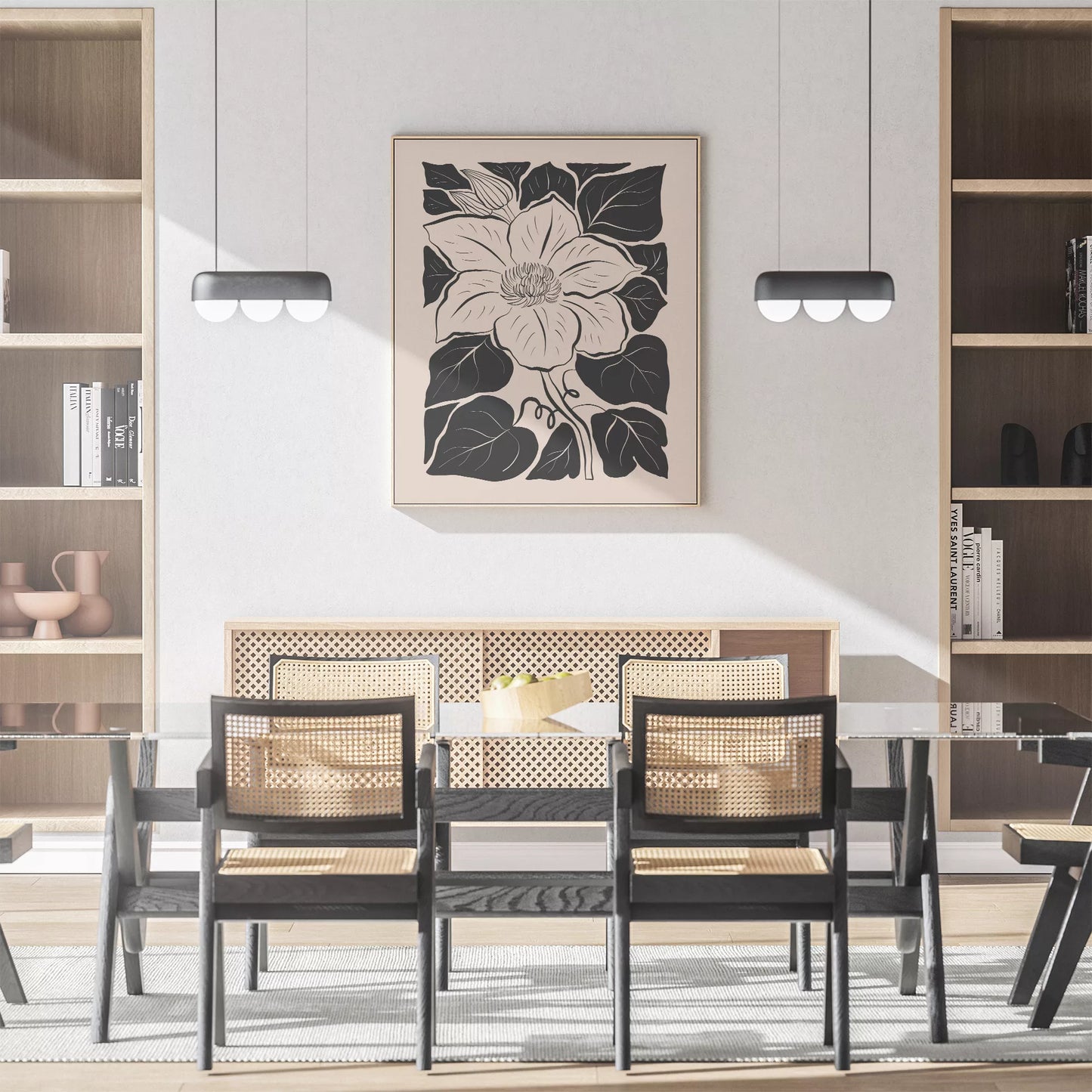 モダンな白黒の木版画風マグノリアの花のボタニカルアート