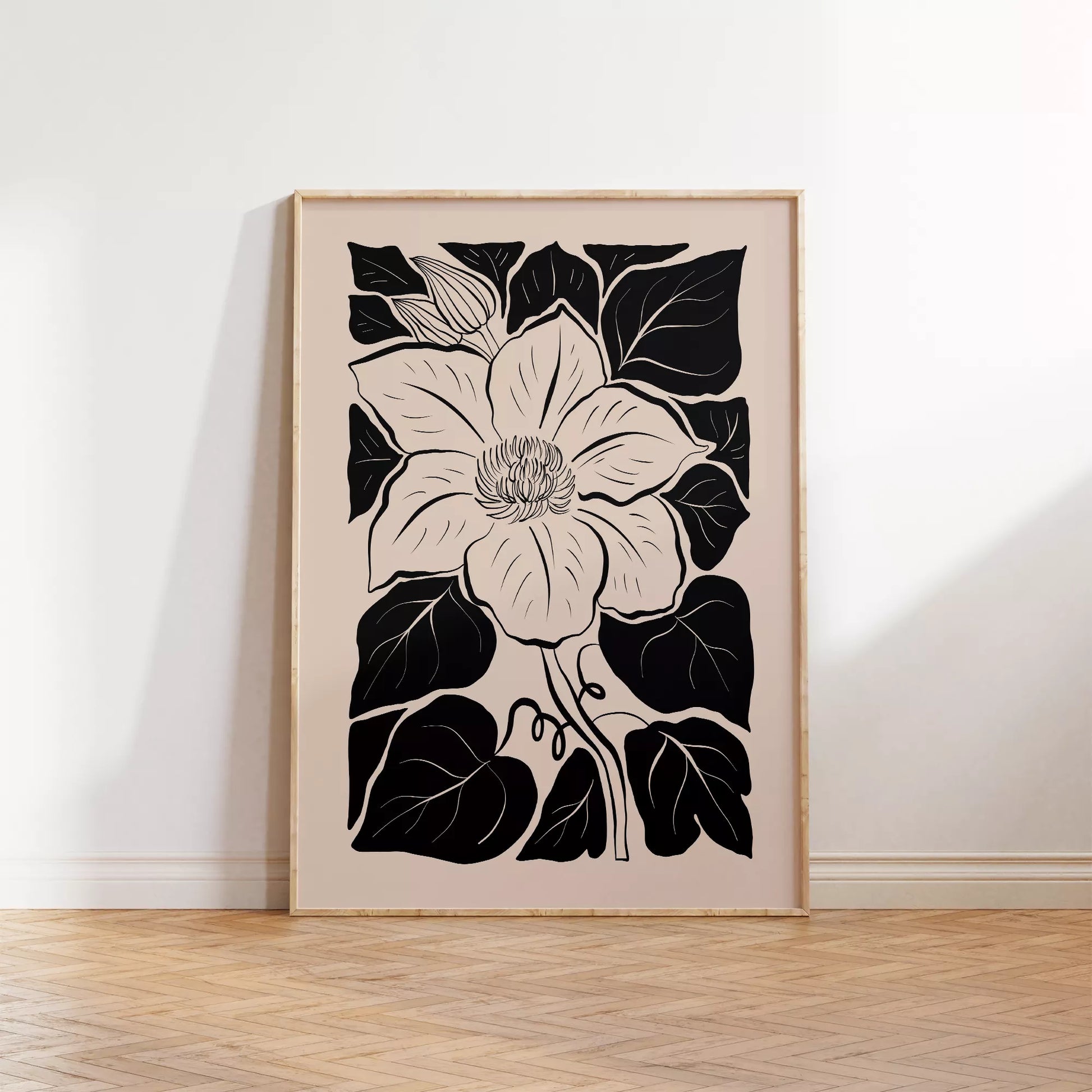 モダンな白黒の木版画風マグノリアの花のボタニカルアート