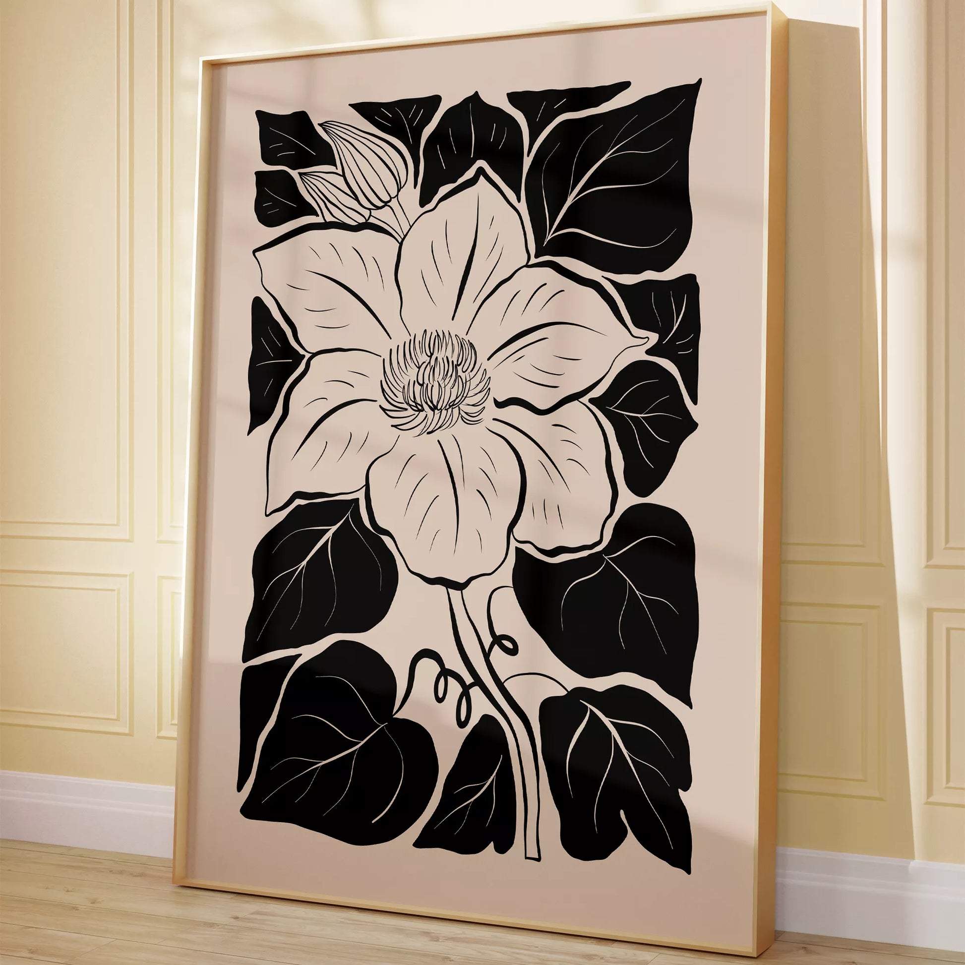 モダンな白黒の木版画風マグノリアの花のボタニカルアート