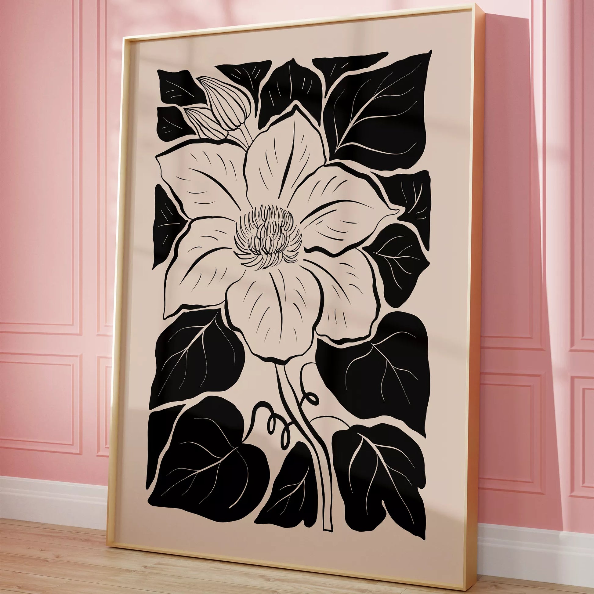 モダンな白黒の木版画風マグノリアの花のボタニカルアート