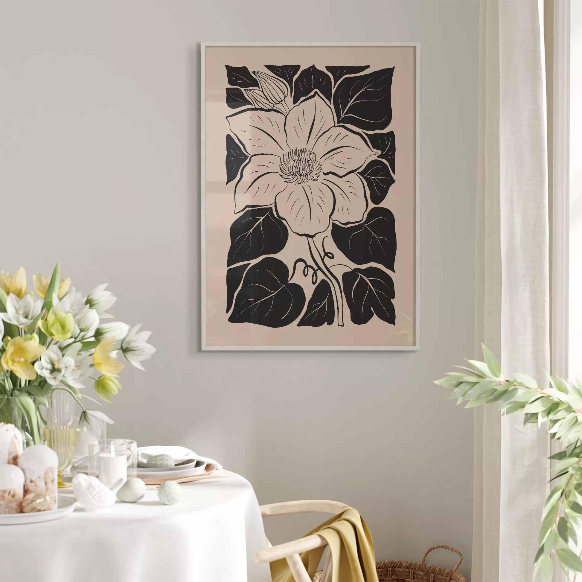 モダンな白黒の木版画風マグノリアの花のボタニカルアート