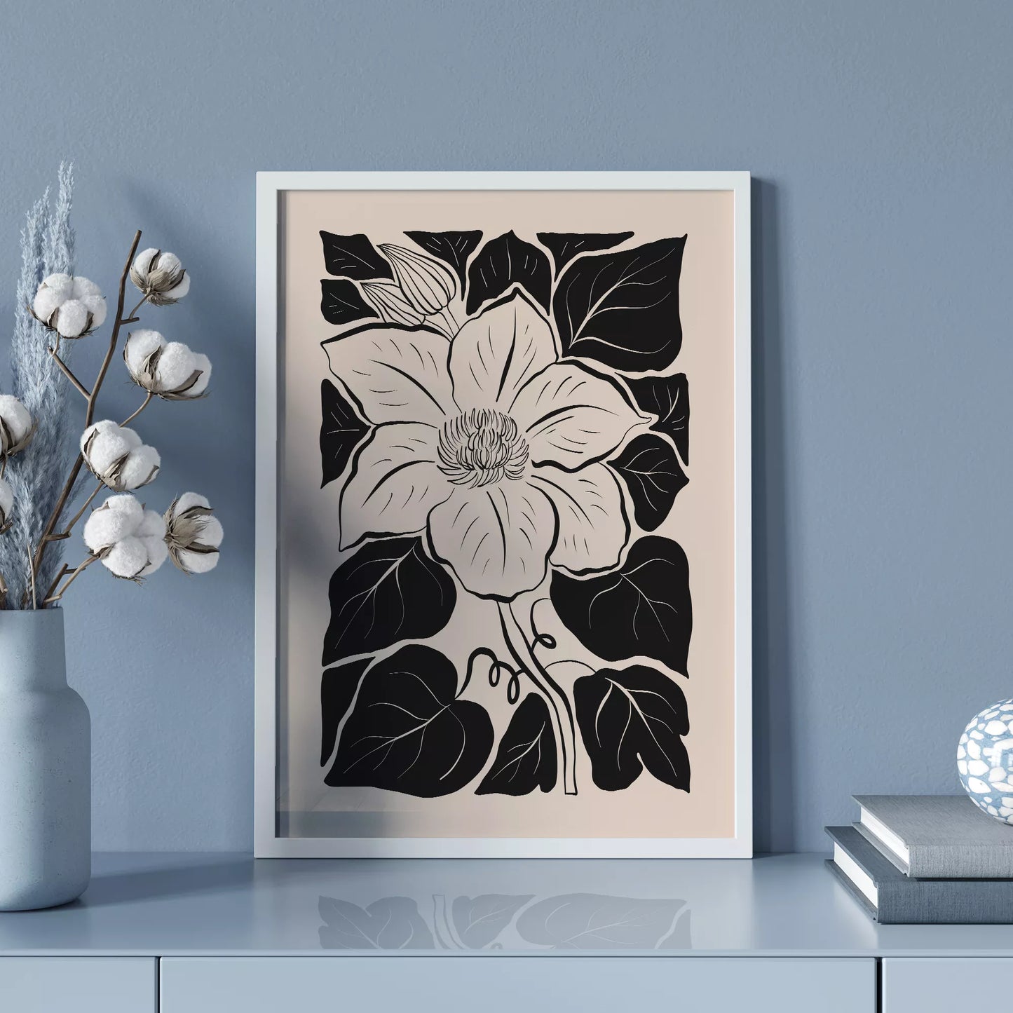 モダンな白黒の木版画風マグノリアの花のボタニカルアート