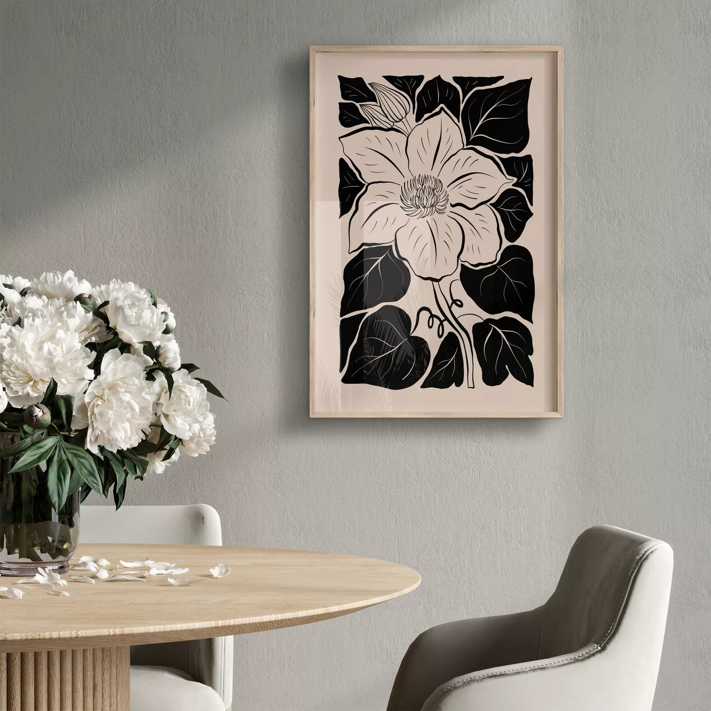 モダンな白黒の木版画風マグノリアの花のボタニカルアート