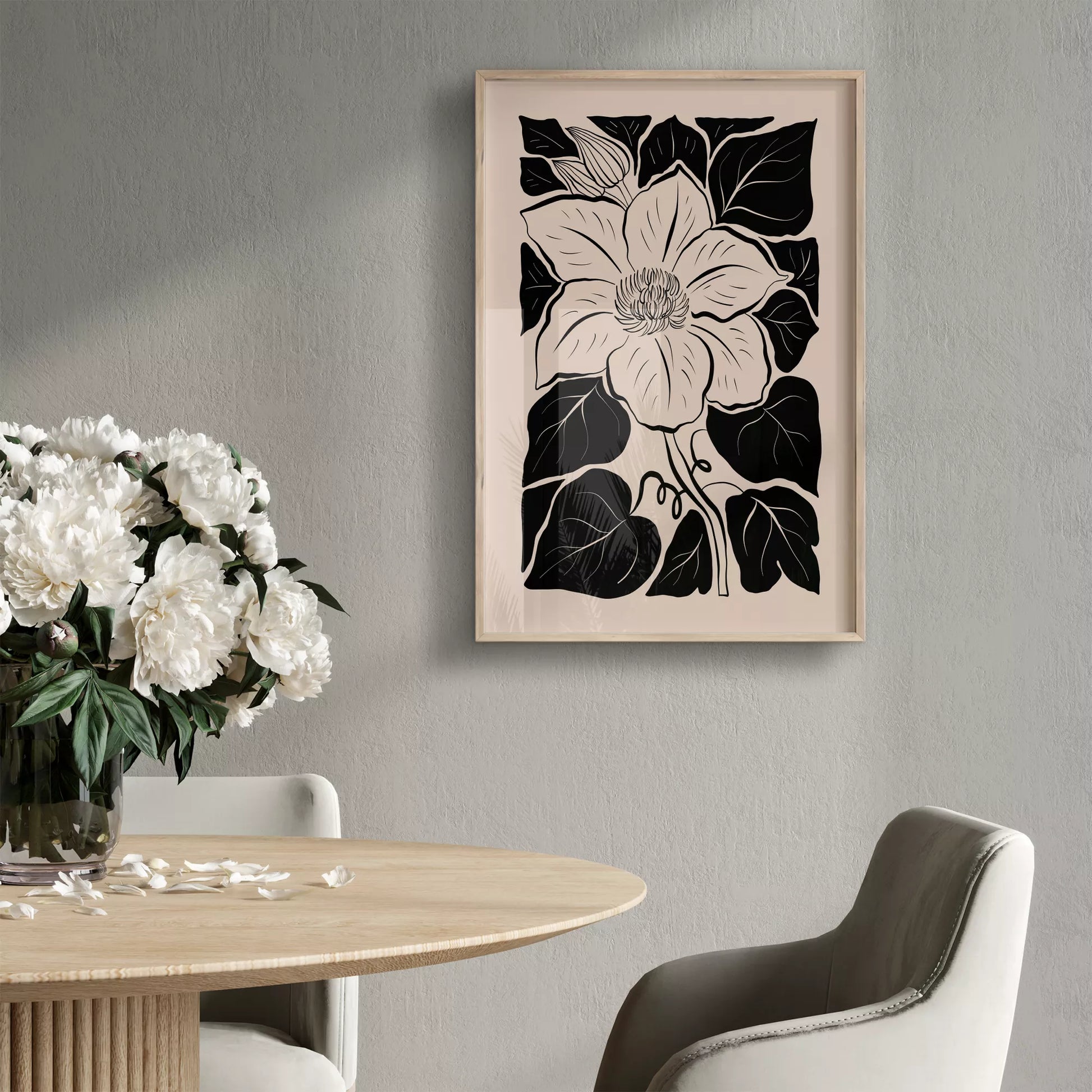 モダンな白黒の木版画風マグノリアの花のボタニカルアート