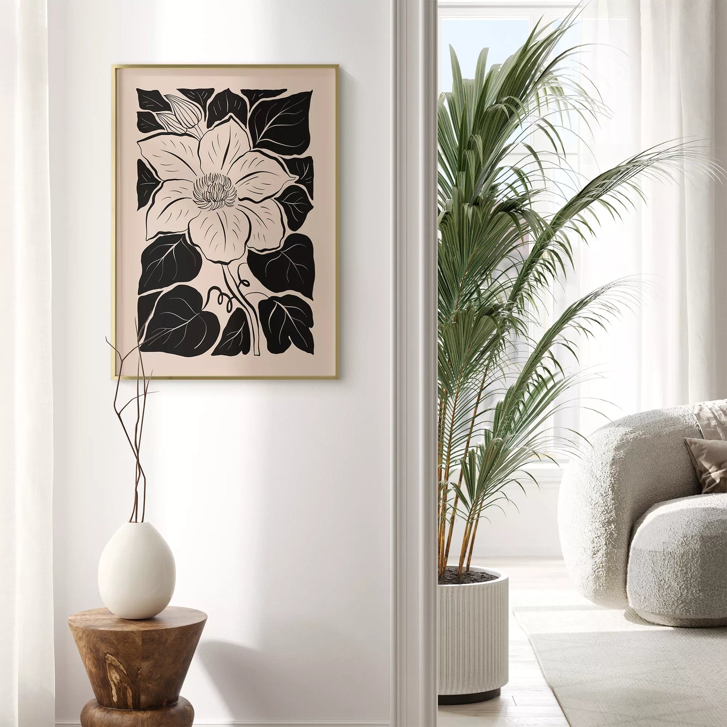 モダンな白黒の木版画風マグノリアの花のボタニカルアート