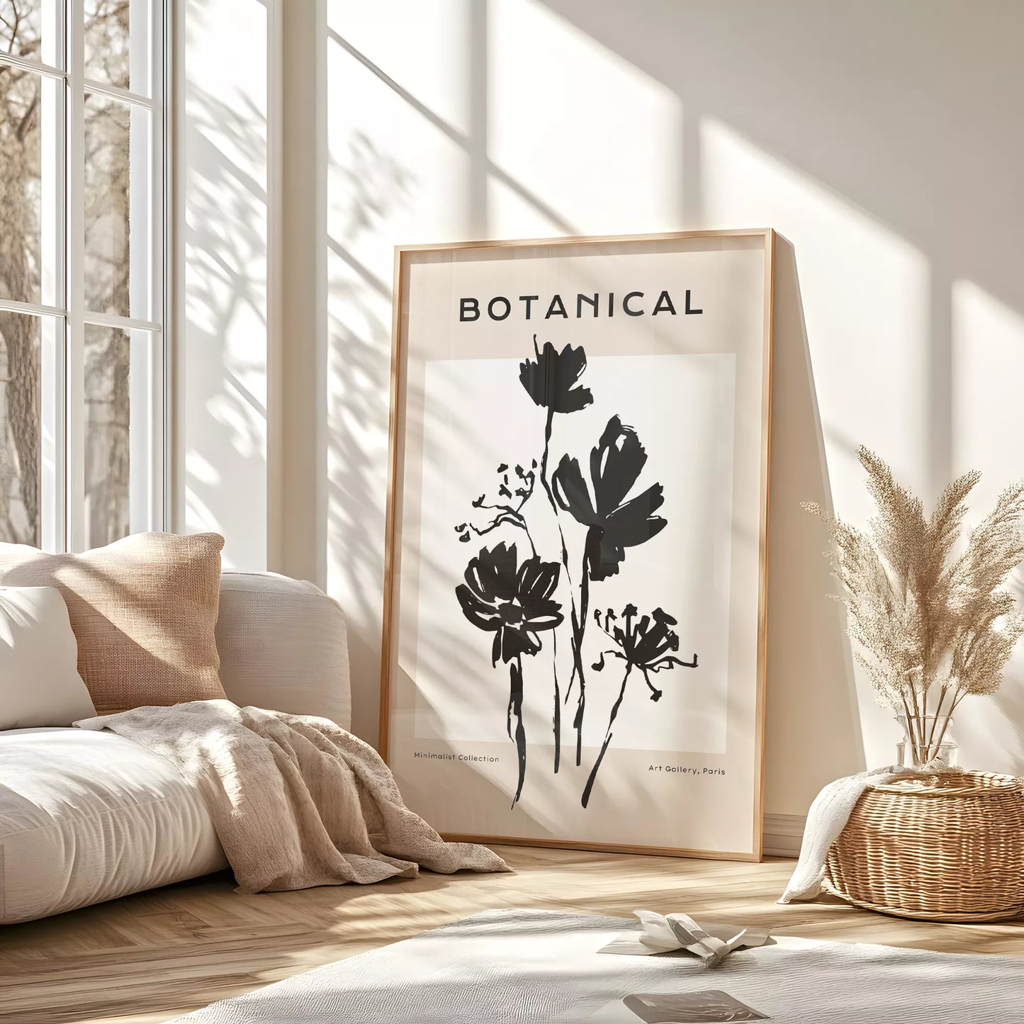 モノトーン花ボタニカルポスター 黒白ミニマルアート 北欧