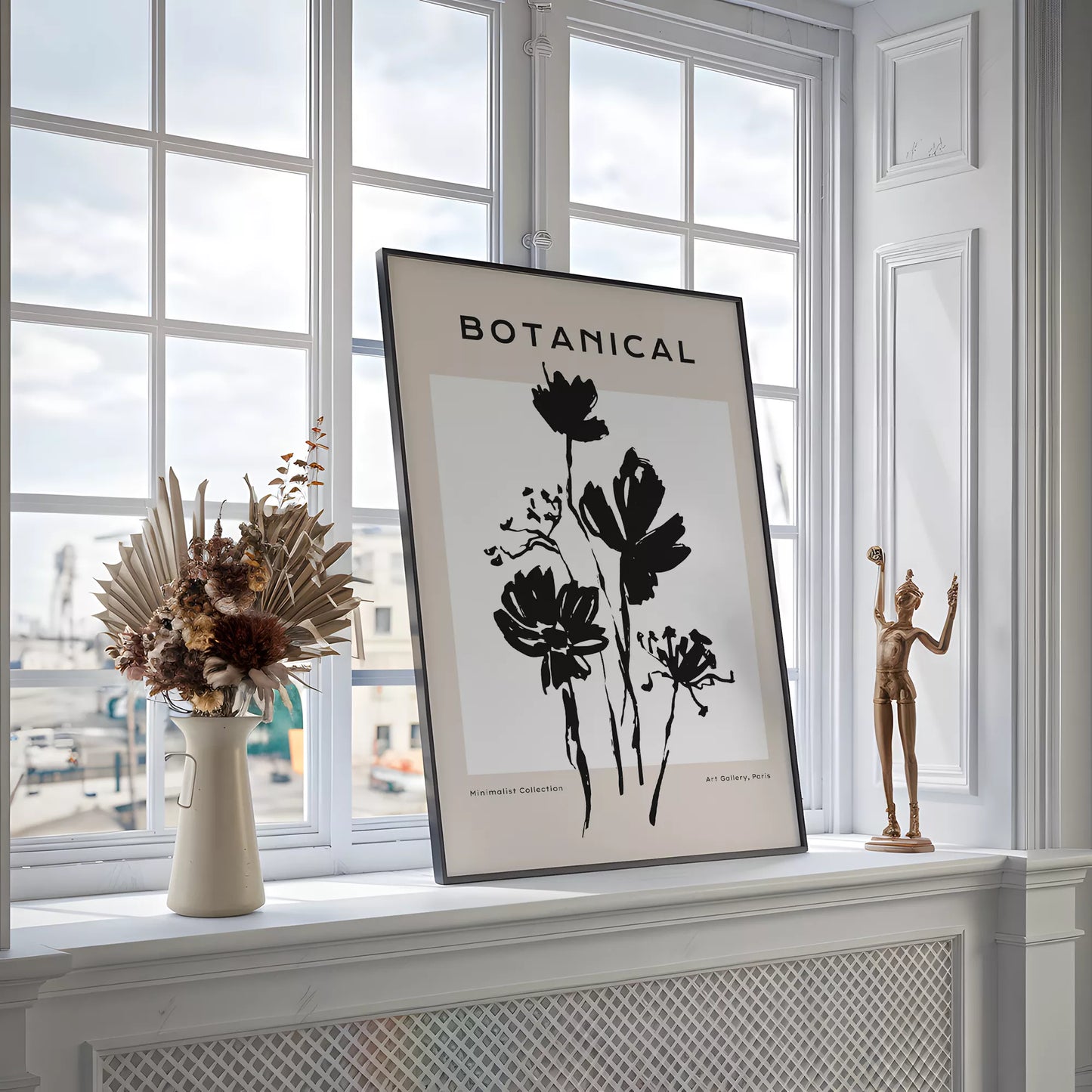 モノトーン花ボタニカルポスター 黒白ミニマルアート 北欧