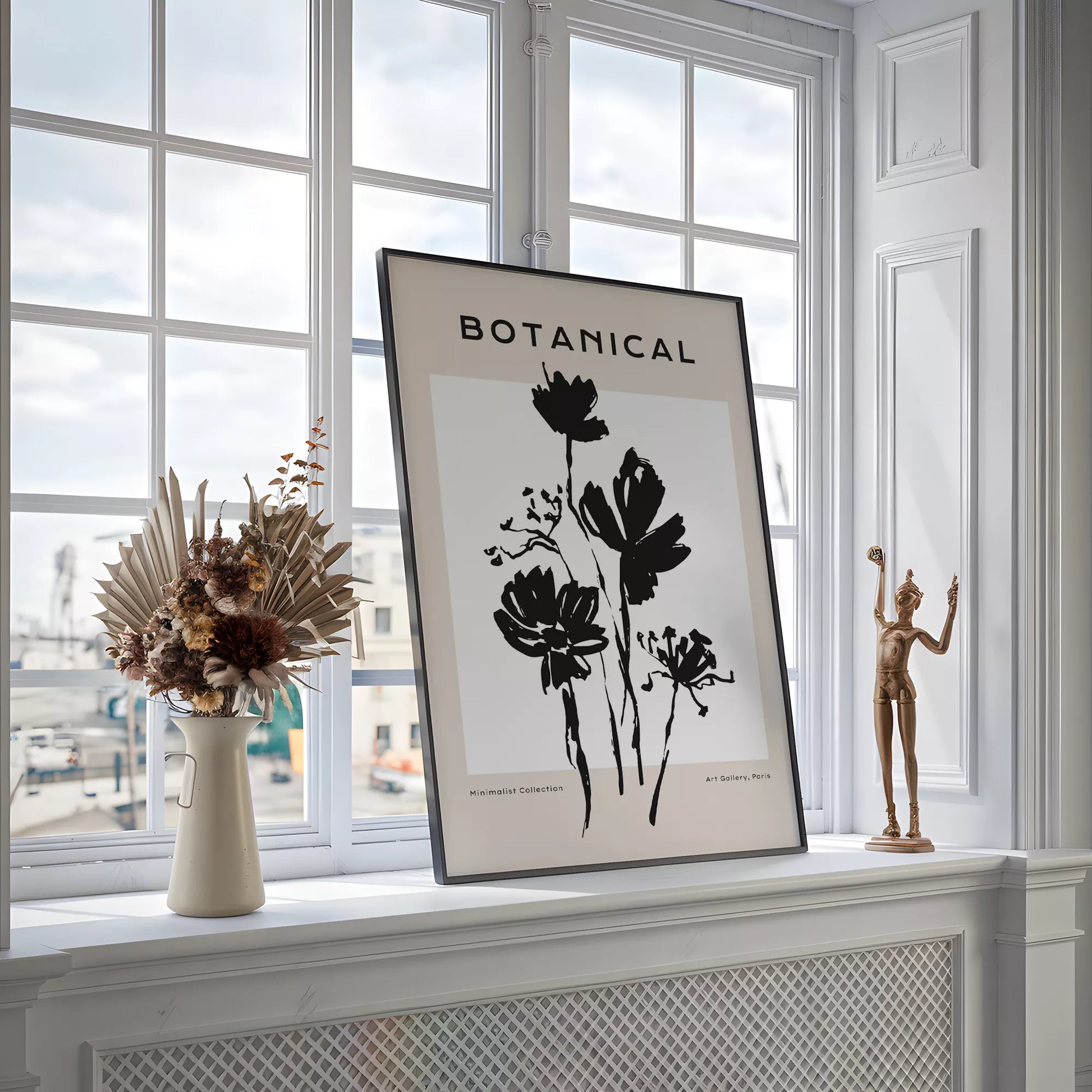 モノトーン花ボタニカルポスター 黒白ミニマルアート 北欧