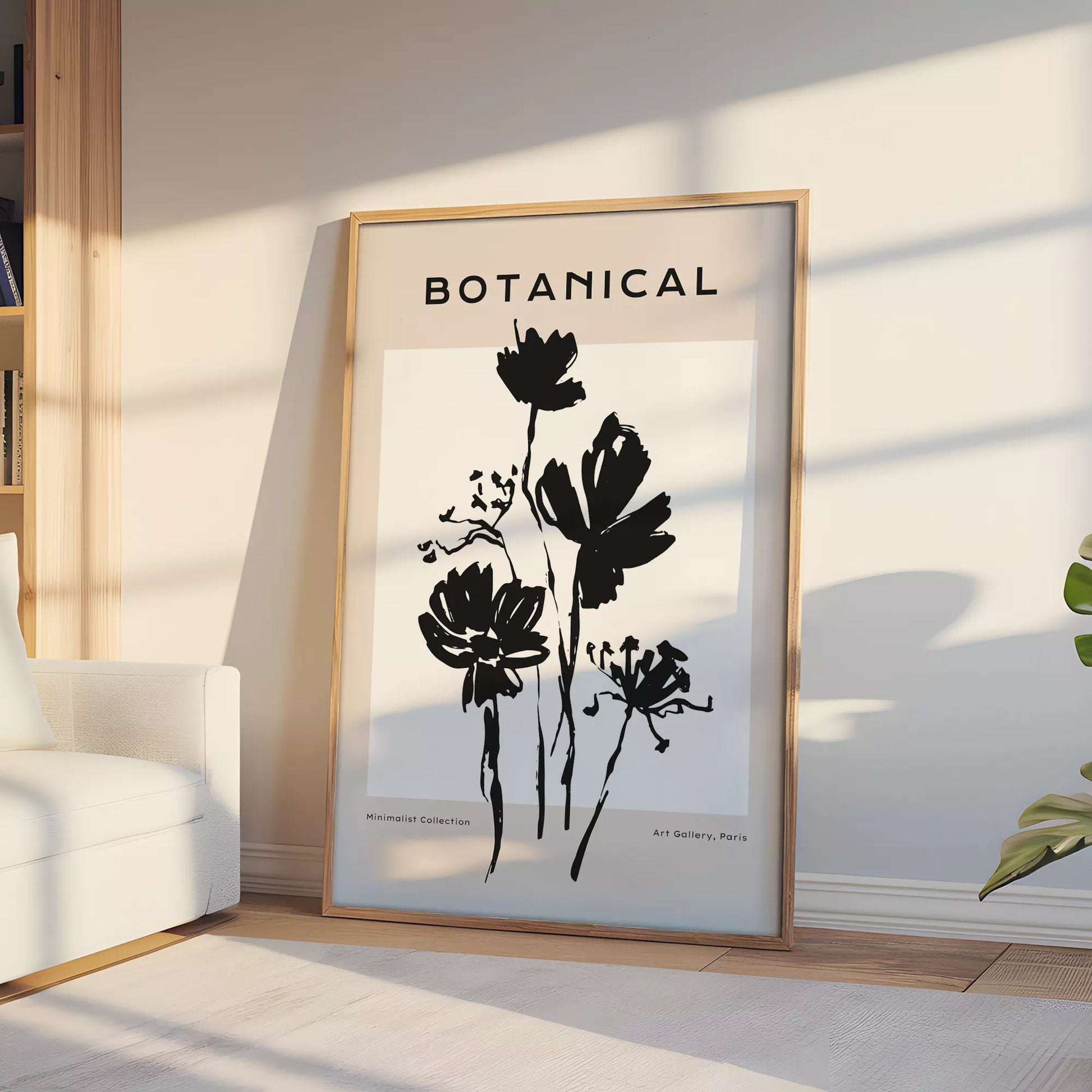 モノトーン花ボタニカルポスター 黒白ミニマルアート 北欧