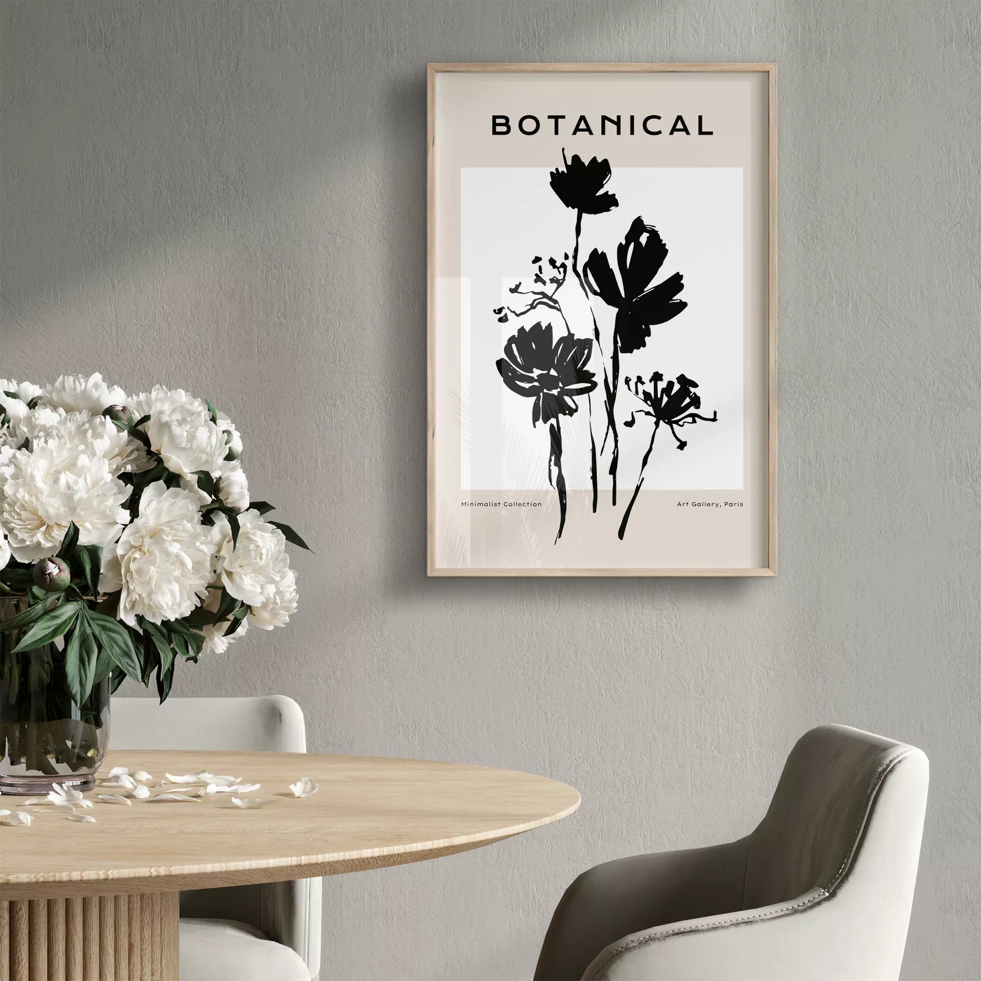 モノトーン花ボタニカルポスター 黒白ミニマルアート 北欧