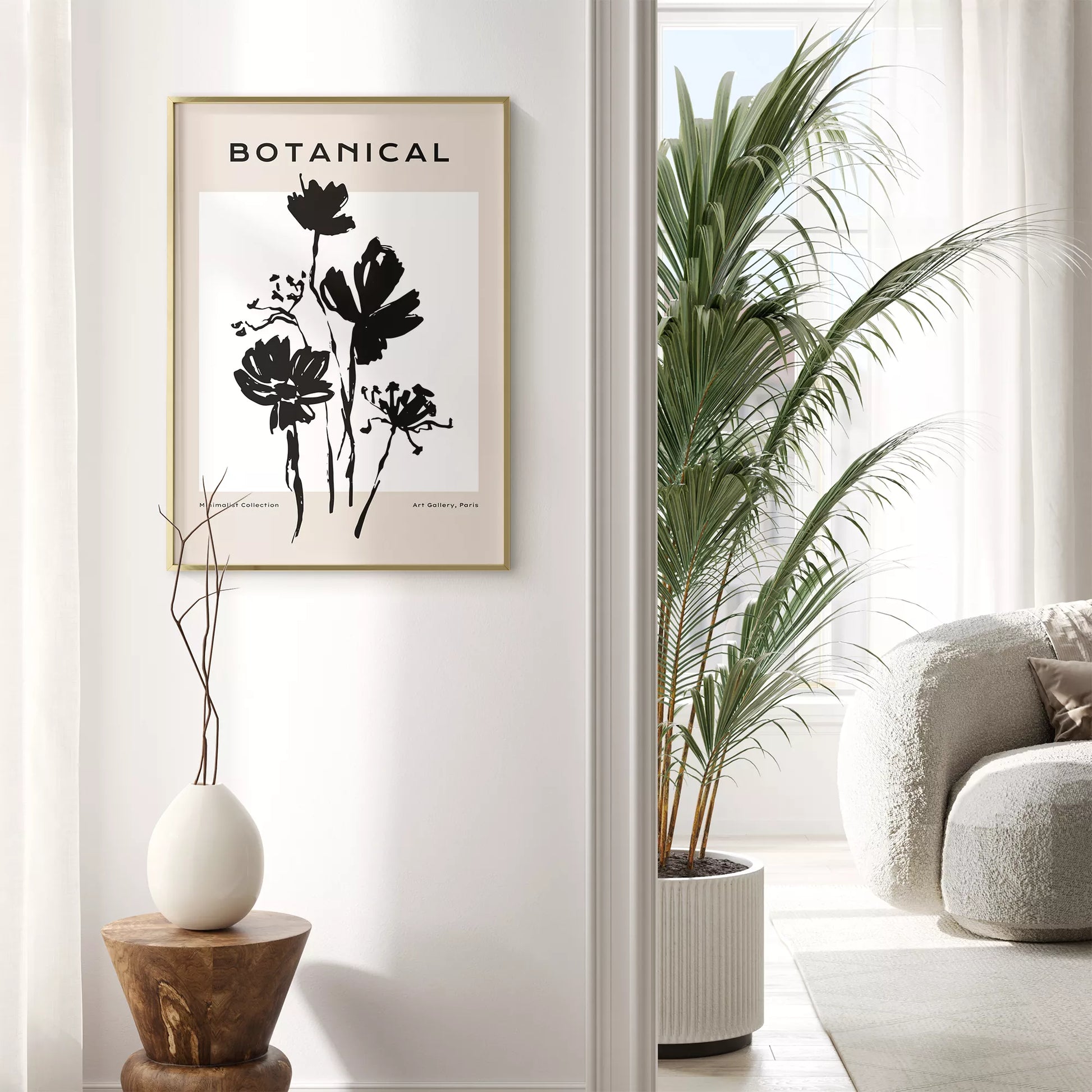 モノトーン花ボタニカルポスター 黒白ミニマルアート 北欧