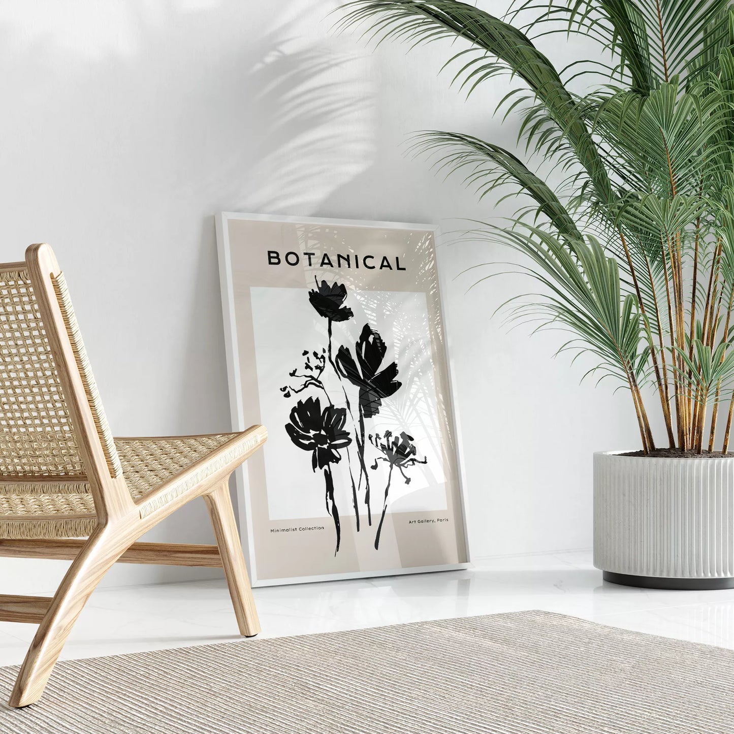 モノトーン花ボタニカルポスター 黒白ミニマルアート 北欧