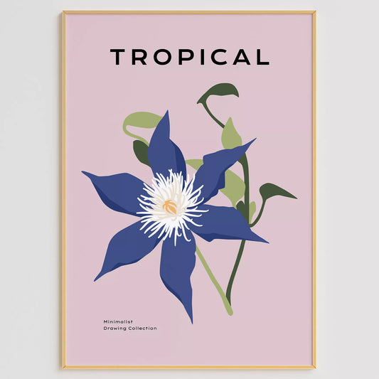 北欧デザインのブルー花ボタニカルアートポスター ピンク背景 モダンインテリア