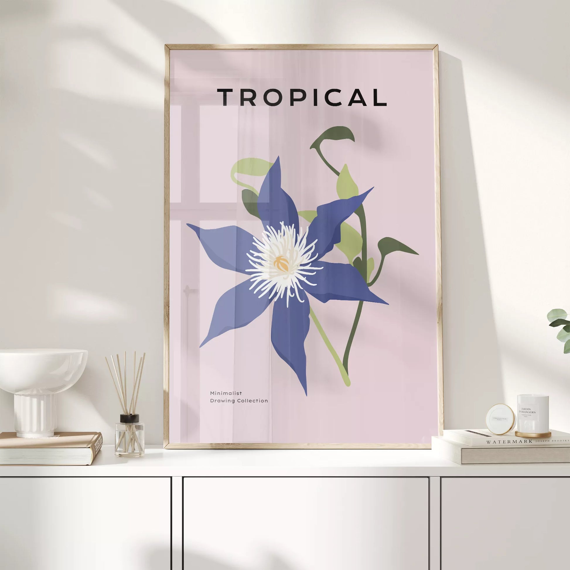 北欧デザインのブルー花ボタニカルアートポスター ピンク背景 モダンインテリア
