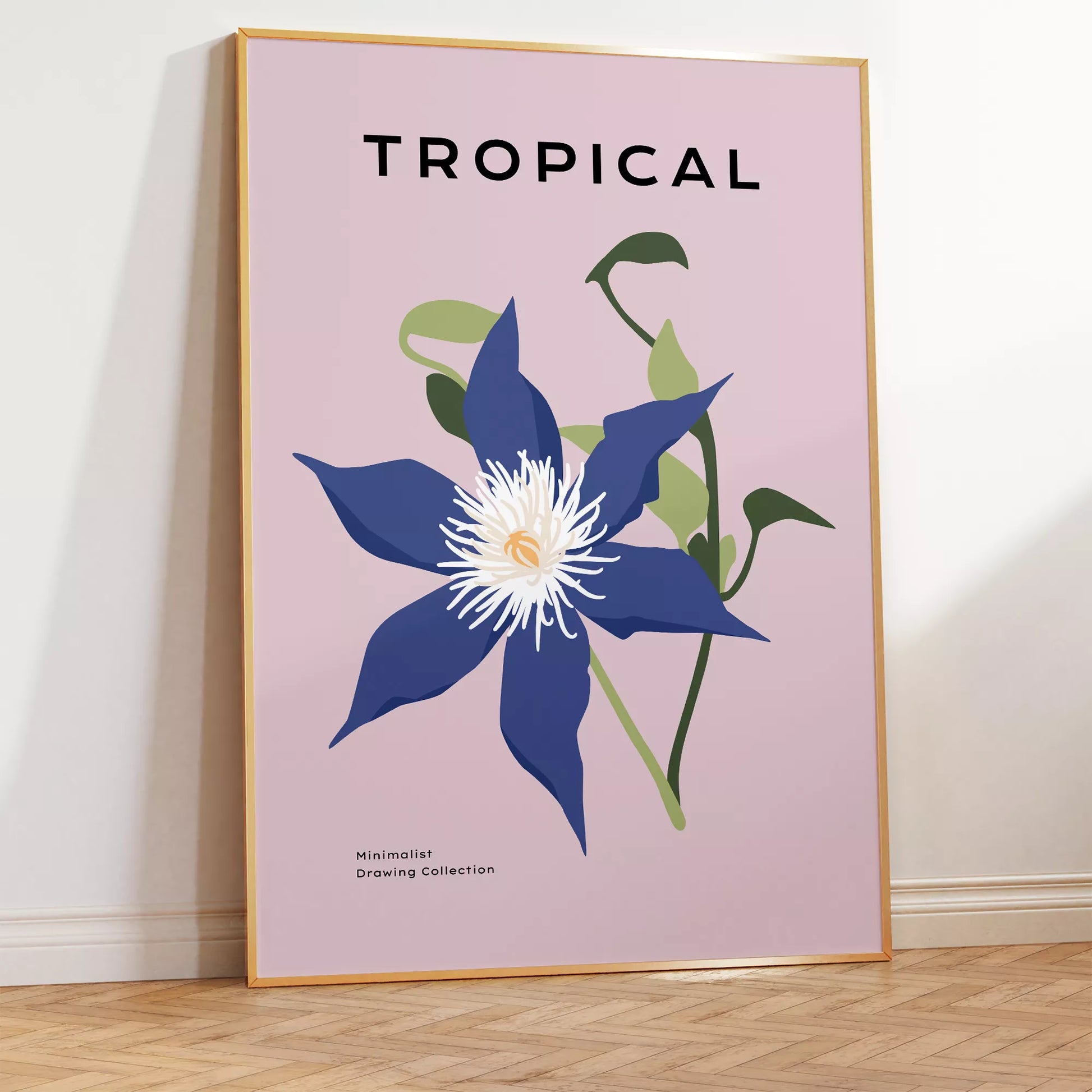 北欧デザインのブルー花ボタニカルアートポスター ピンク背景 モダンインテリア