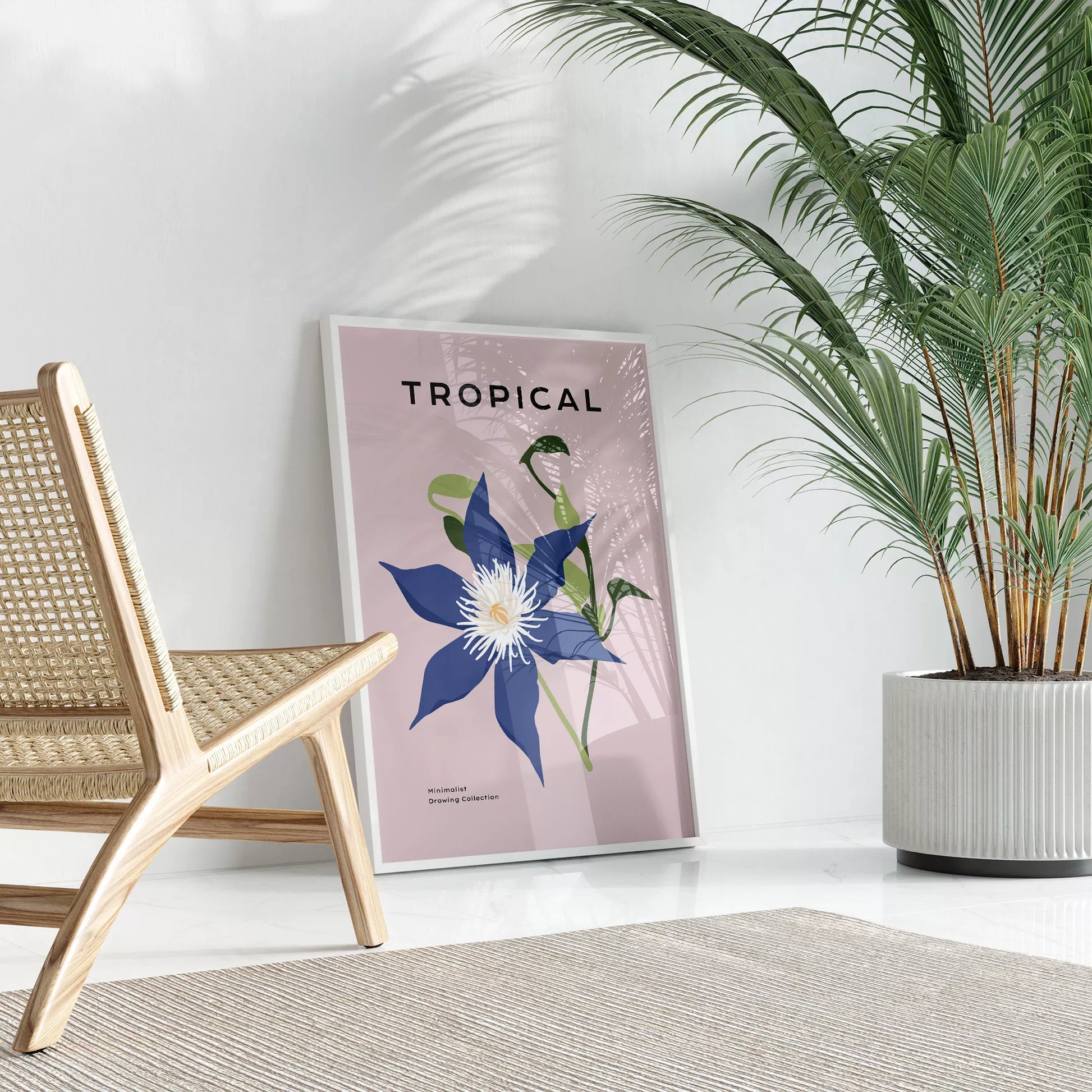 北欧デザインのブルー花ボタニカルアートポスター ピンク背景 モダンインテリア