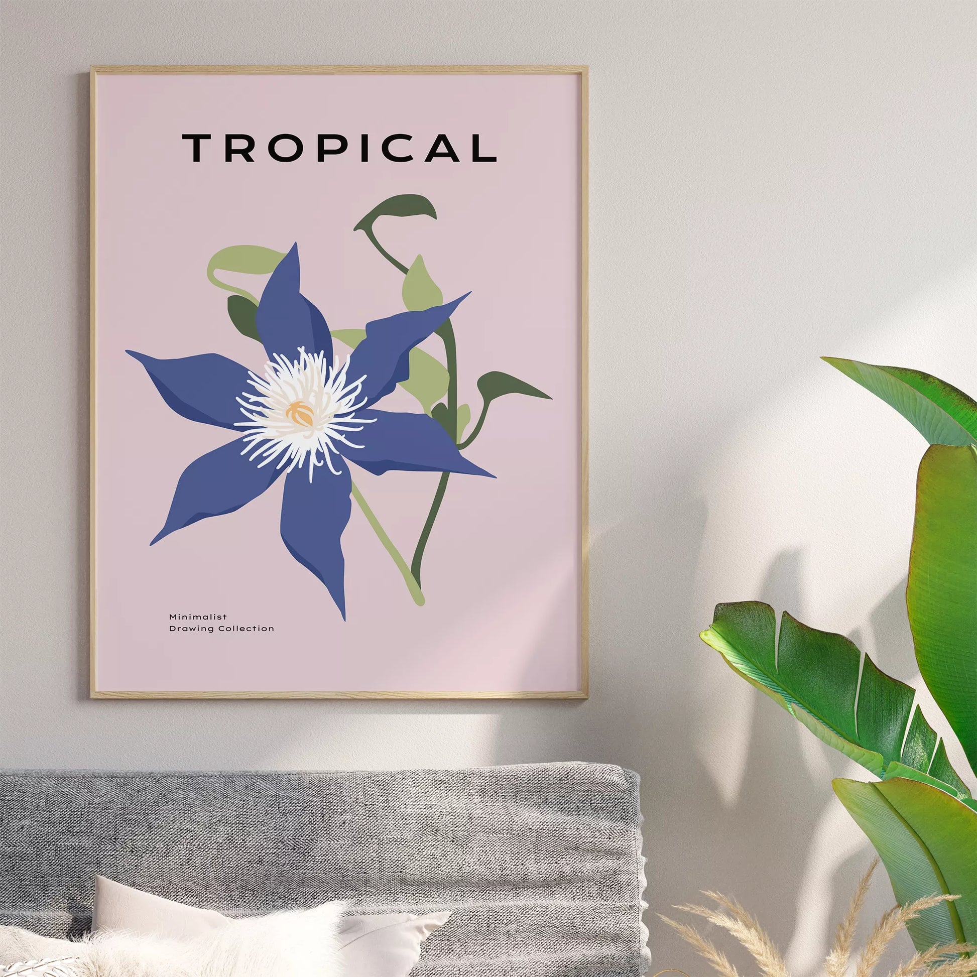 北欧デザインのブルー花ボタニカルアートポスター ピンク背景 モダンインテリア