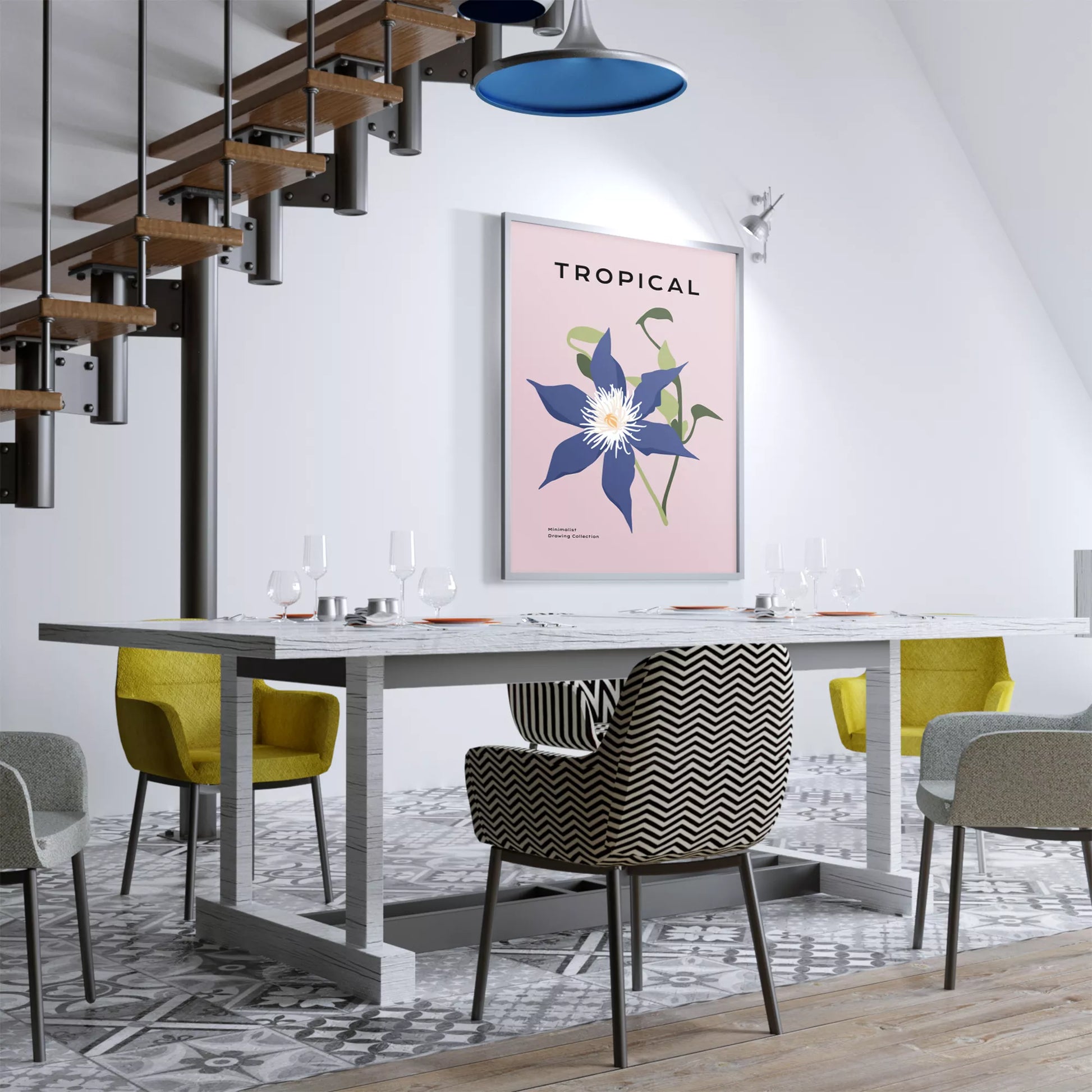 北欧デザインのブルー花ボタニカルアートポスター ピンク背景 モダンインテリア