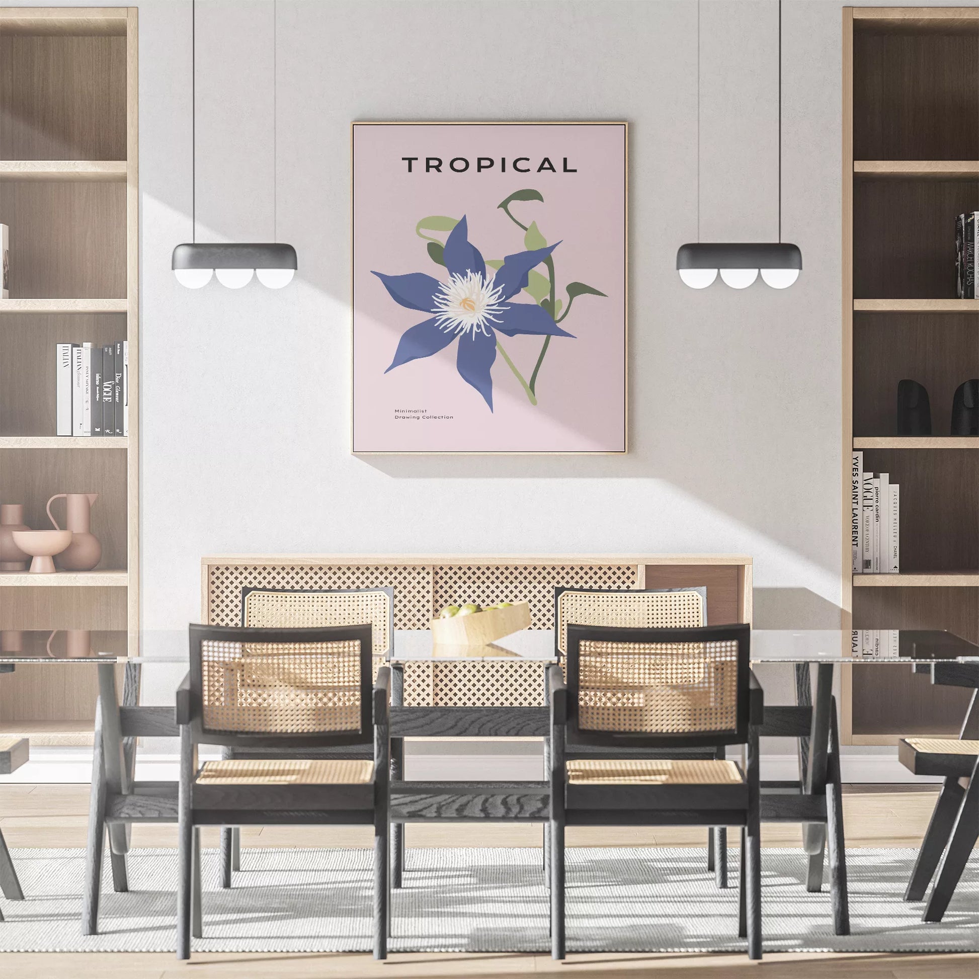 北欧デザインのブルー花ボタニカルアートポスター ピンク背景 モダンインテリア