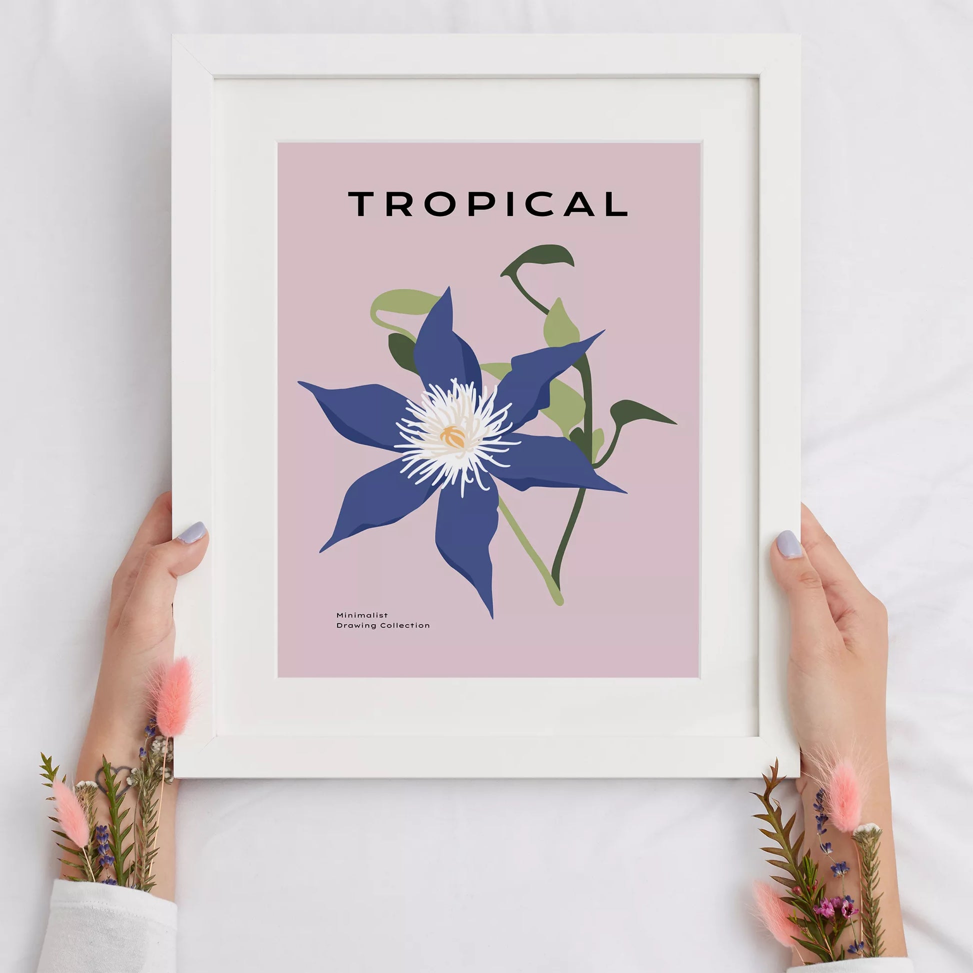 北欧デザインのブルー花ボタニカルアートポスター ピンク背景 モダンインテリア