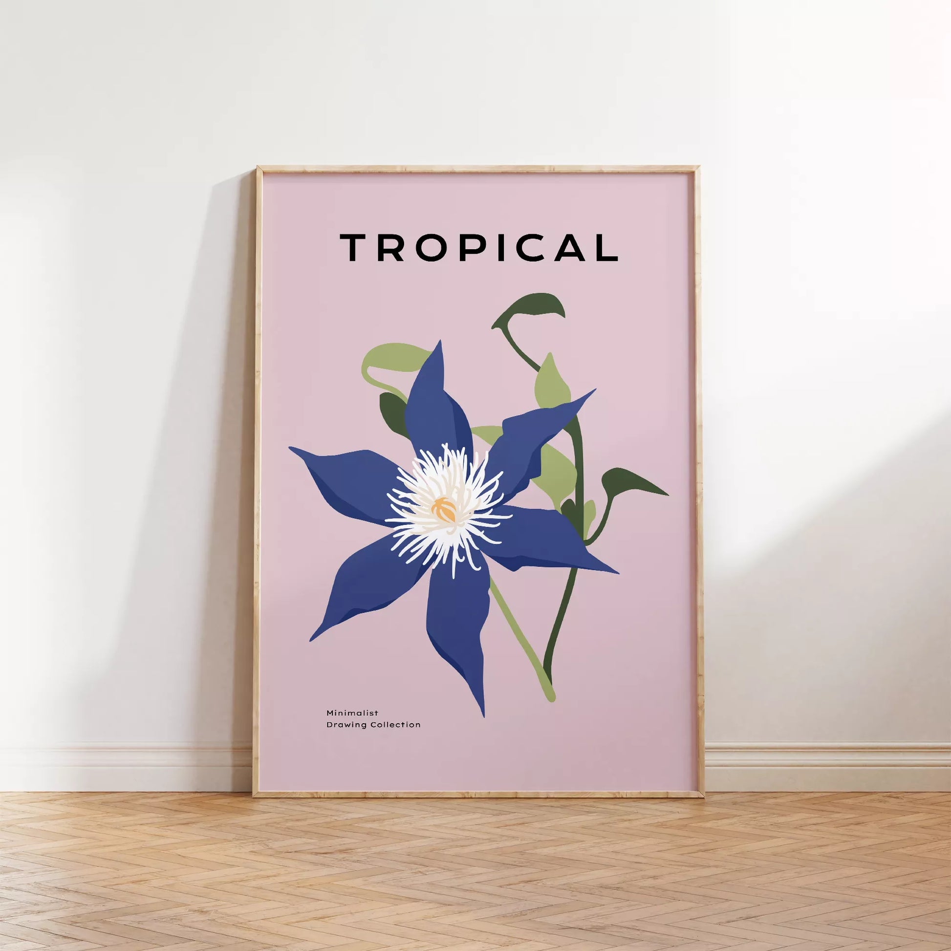 北欧デザインのブルー花ボタニカルアートポスター ピンク背景 モダンインテリア