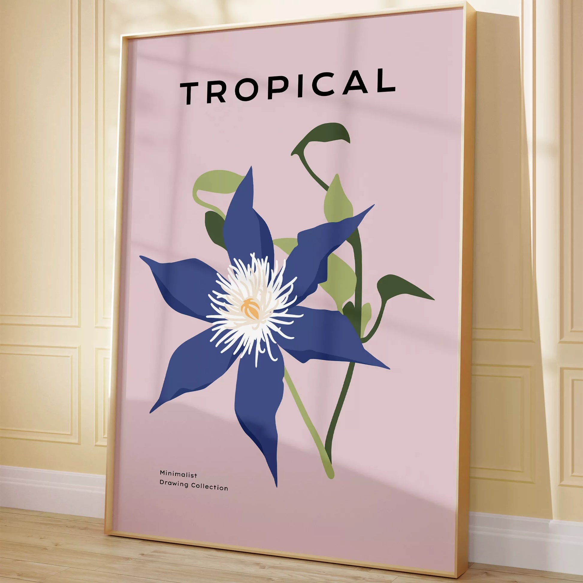 北欧デザインのブルー花ボタニカルアートポスター ピンク背景 モダンインテリア