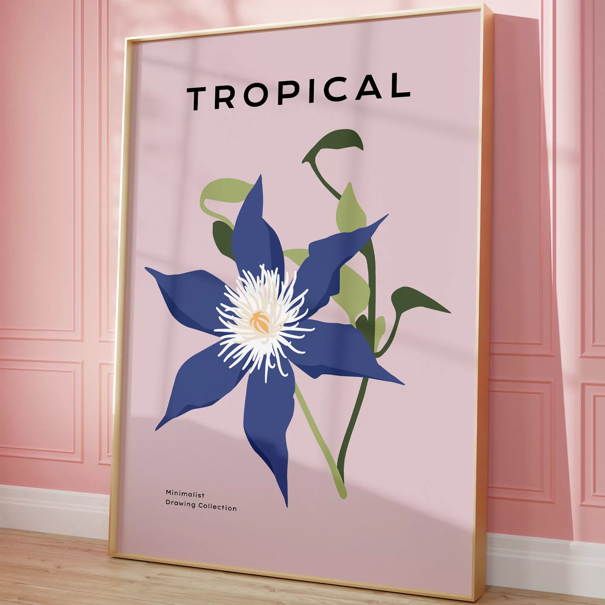 北欧デザインのブルー花ボタニカルアートポスター ピンク背景 モダンインテリア