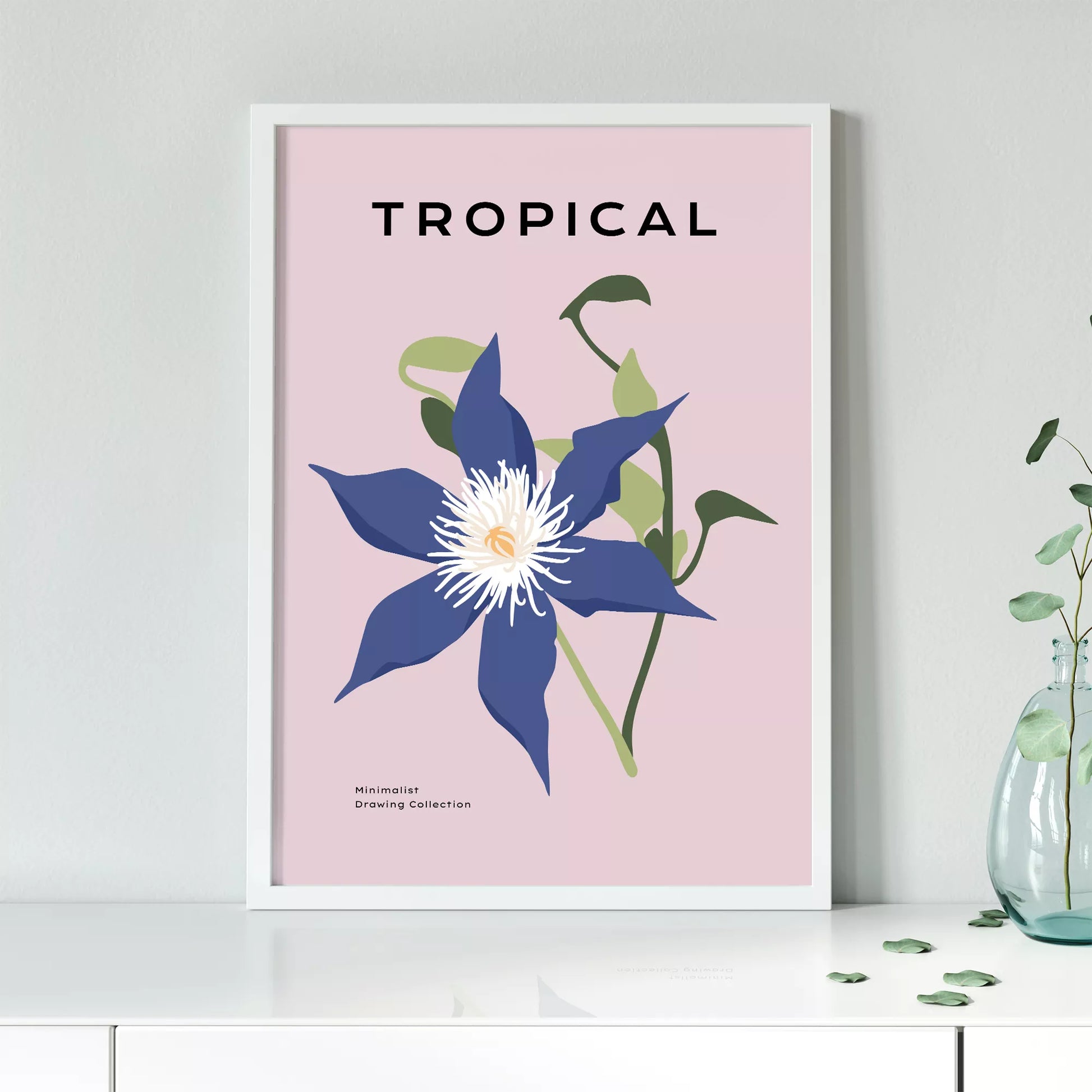 北欧デザインのブルー花ボタニカルアートポスター ピンク背景 モダンインテリア