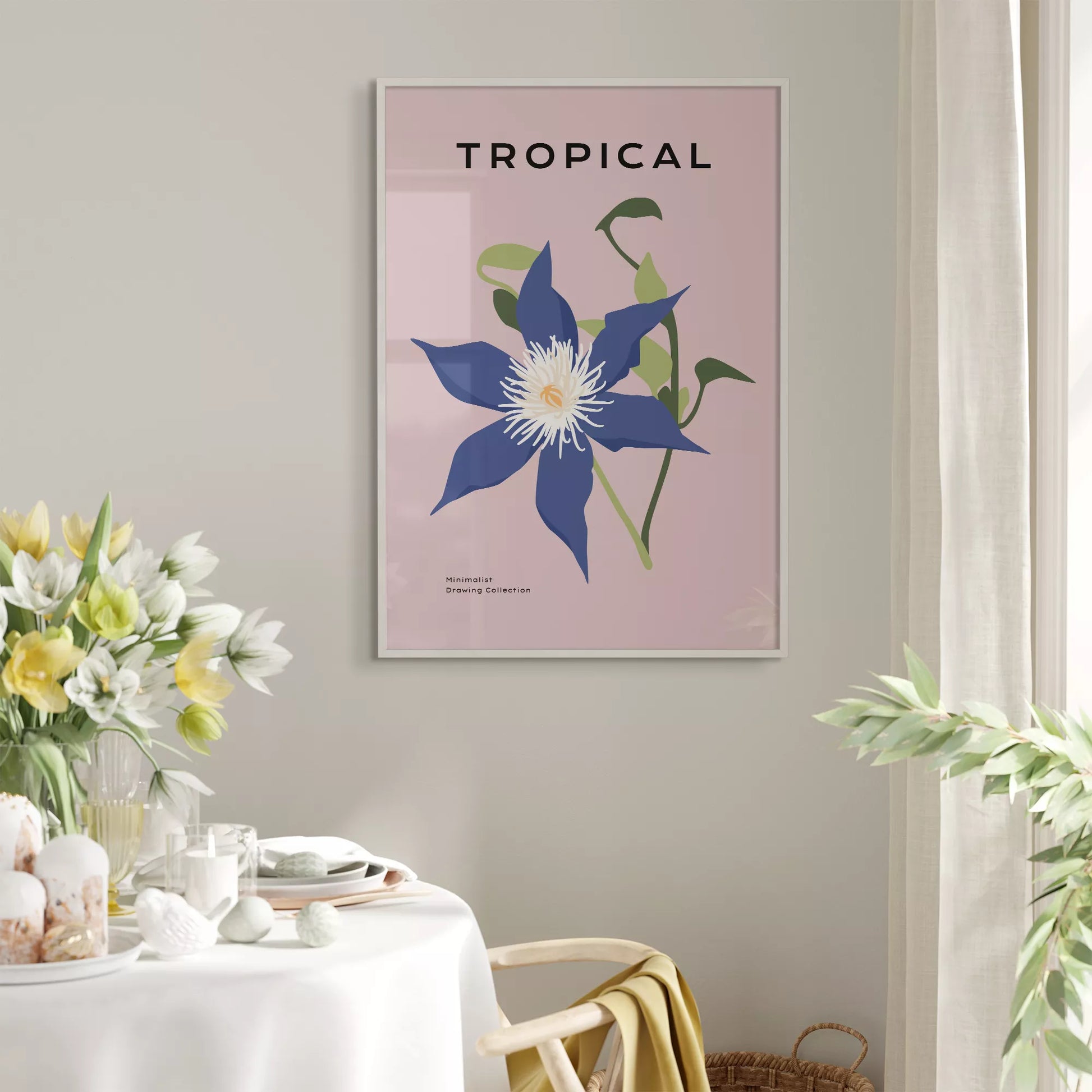 北欧デザインのブルー花ボタニカルアートポスター ピンク背景 モダンインテリア