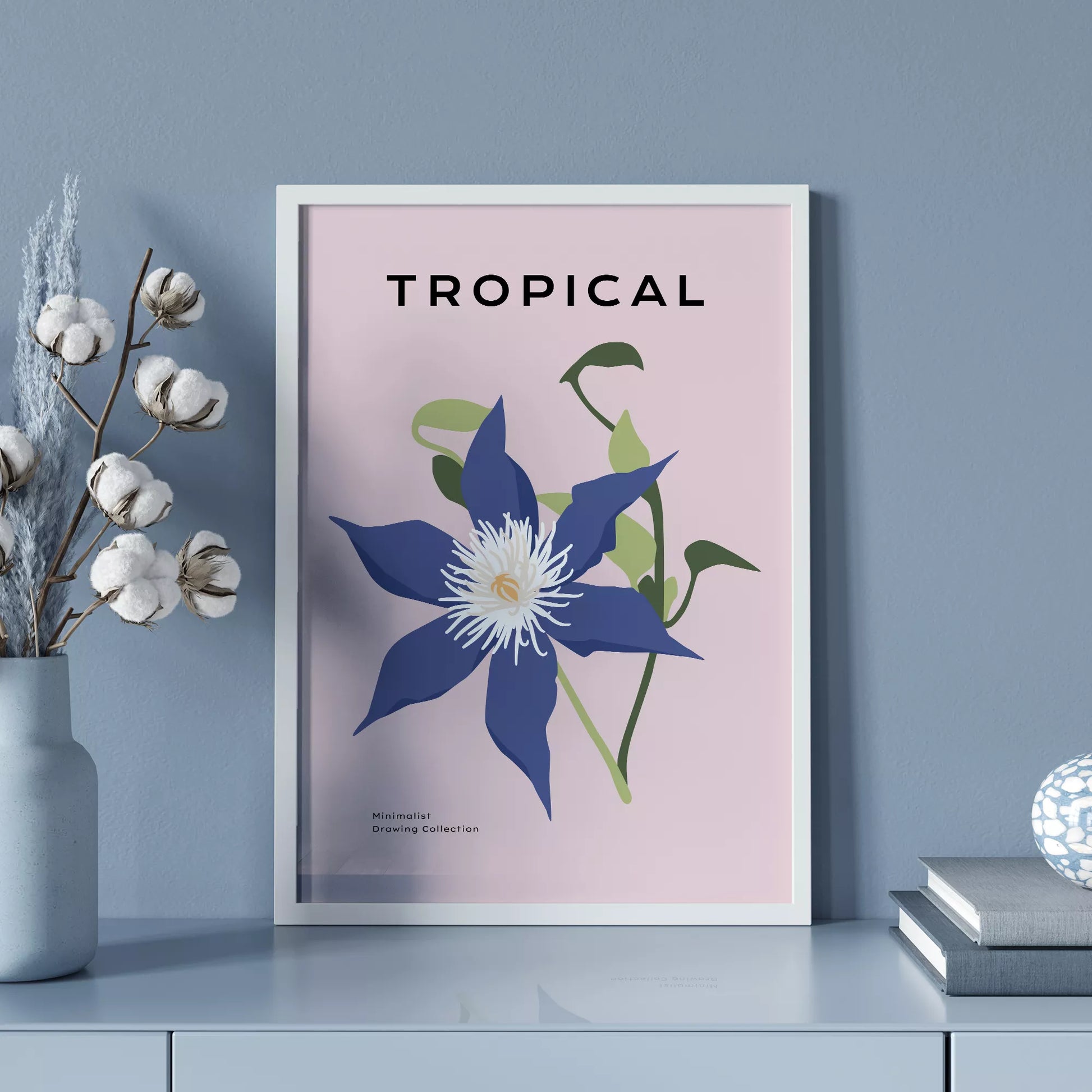 北欧デザインのブルー花ボタニカルアートポスター ピンク背景 モダンインテリア