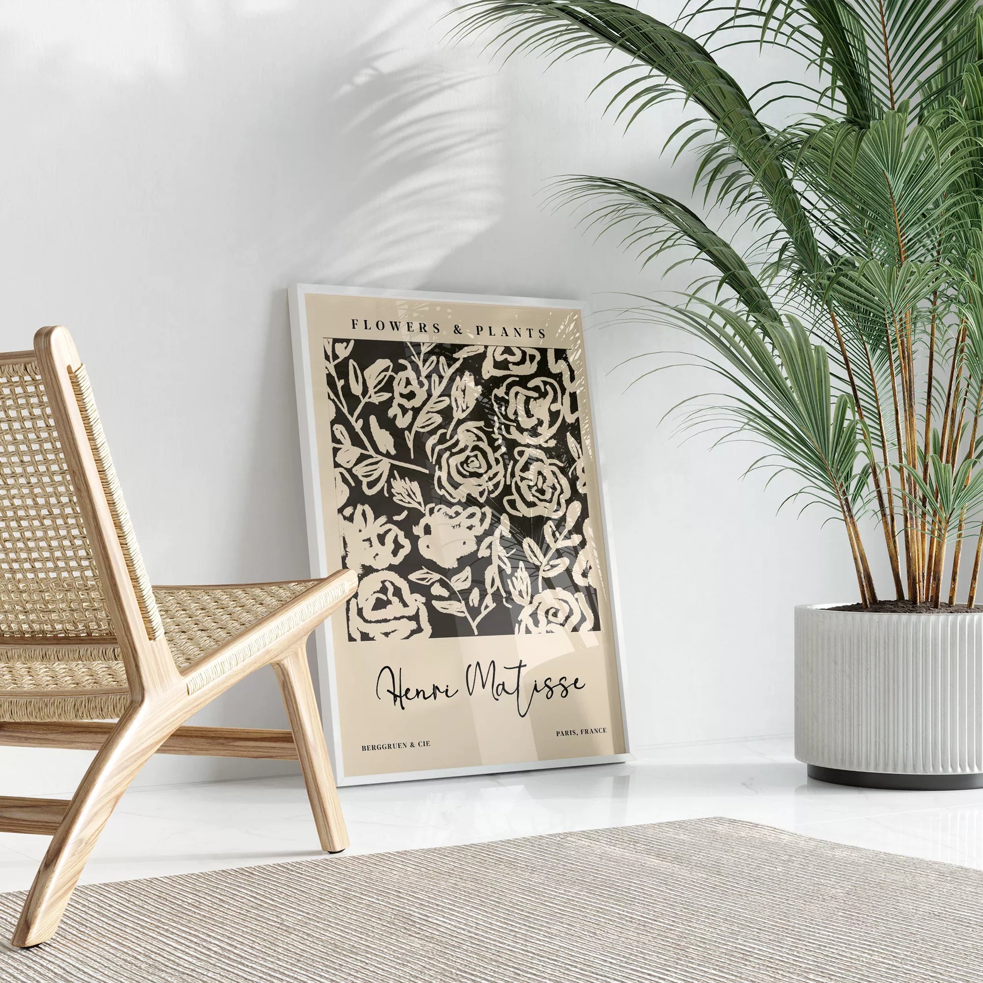 モノクロの花柄アートプリント、マティスインスパイアされた白黒の植物デザイン