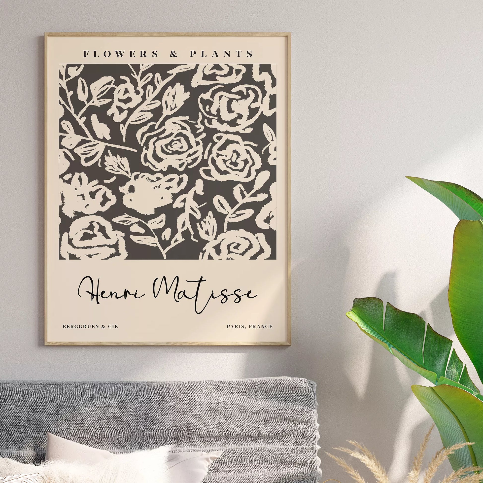 モノクロの花柄アートプリント、マティスインスパイアされた白黒の植物デザイン