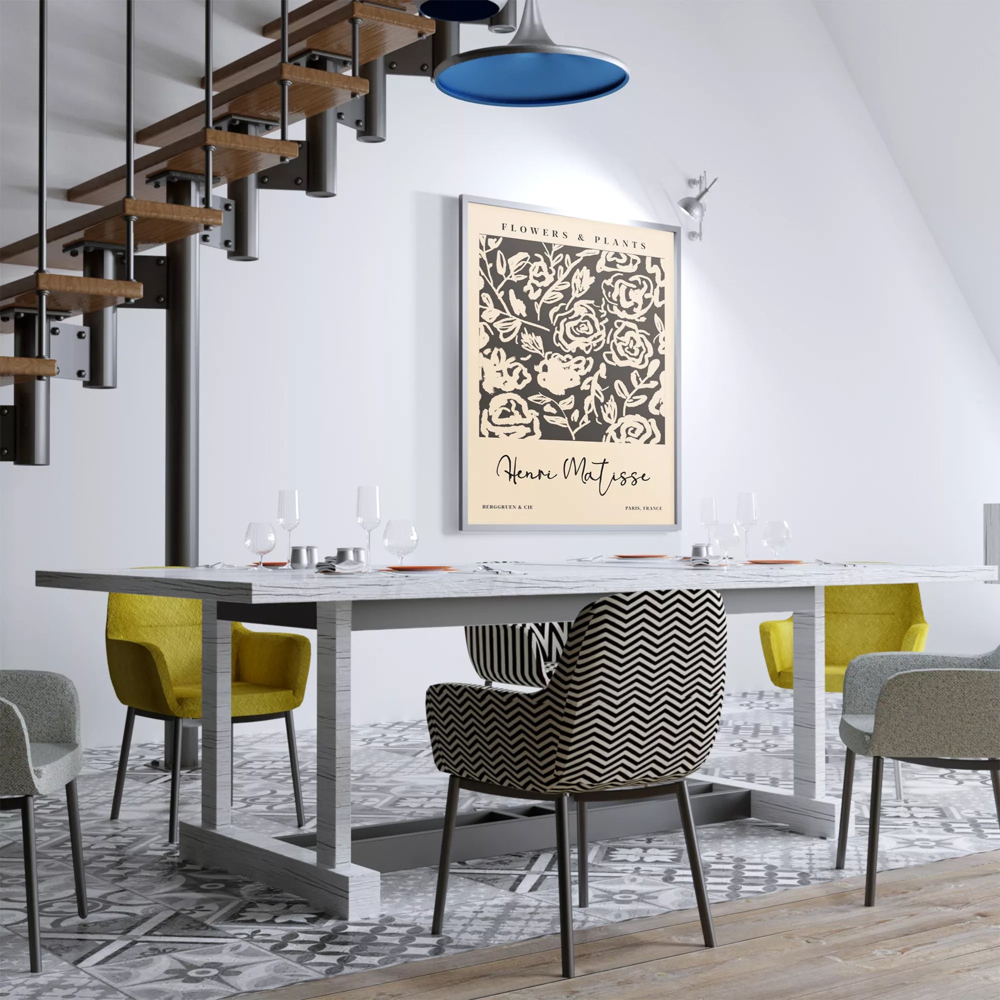 モノクロの花柄アートプリント、マティスインスパイアされた白黒の植物デザイン