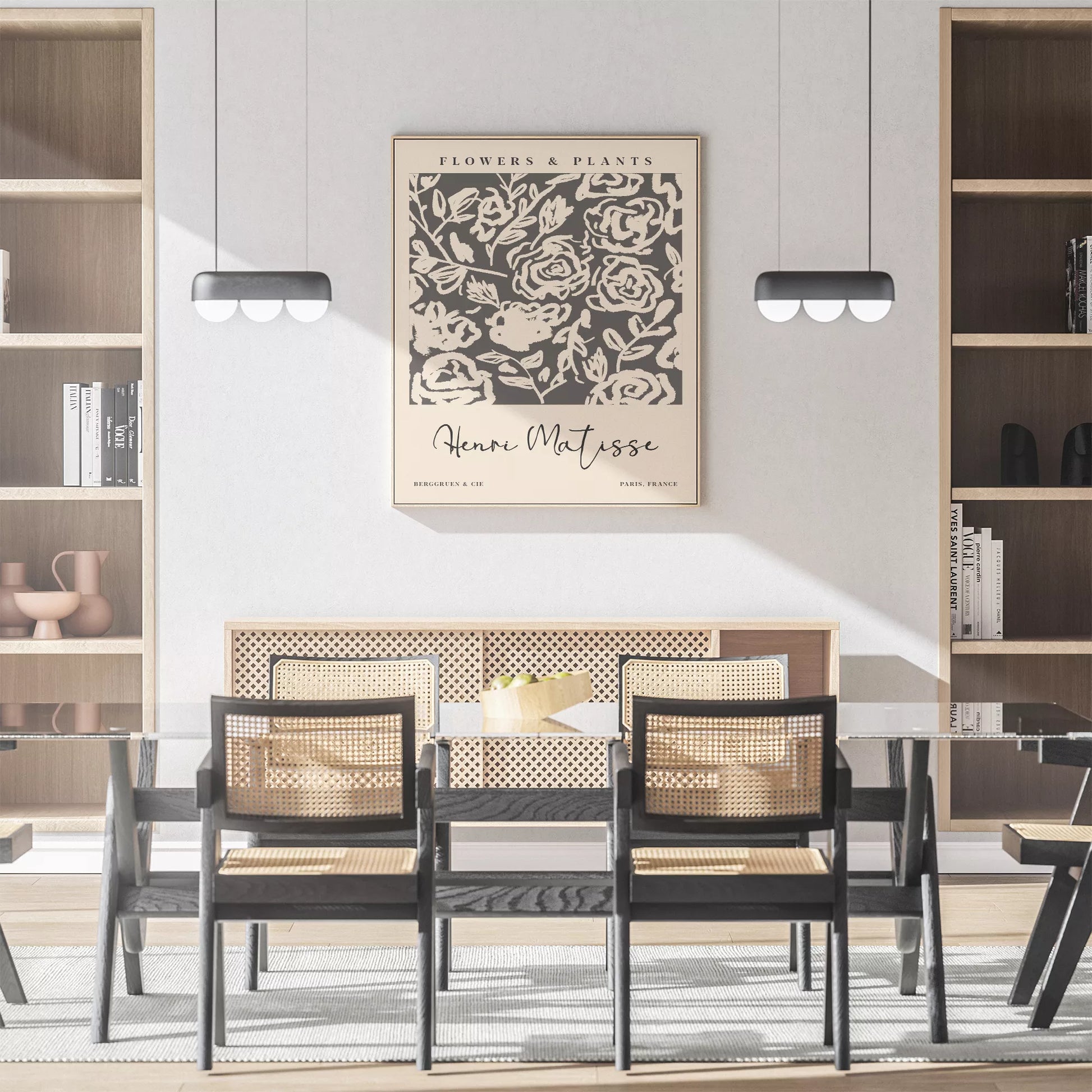 モノクロの花柄アートプリント、マティスインスパイアされた白黒の植物デザイン