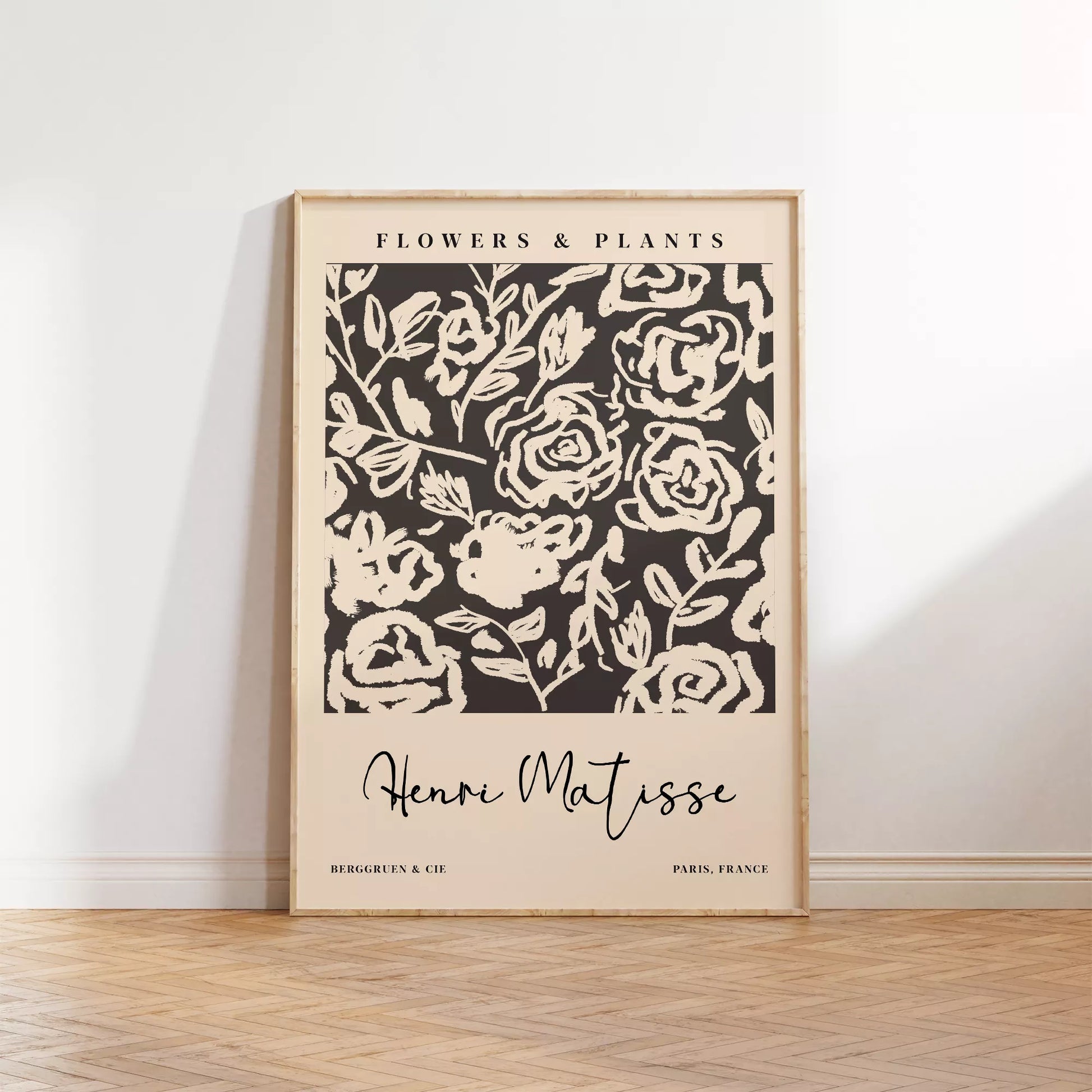 モノクロの花柄アートプリント、マティスインスパイアされた白黒の植物デザイン