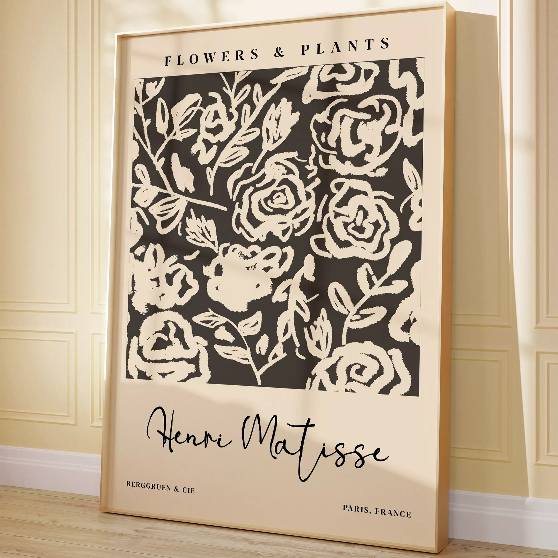 モノクロの花柄アートプリント、マティスインスパイアされた白黒の植物デザイン