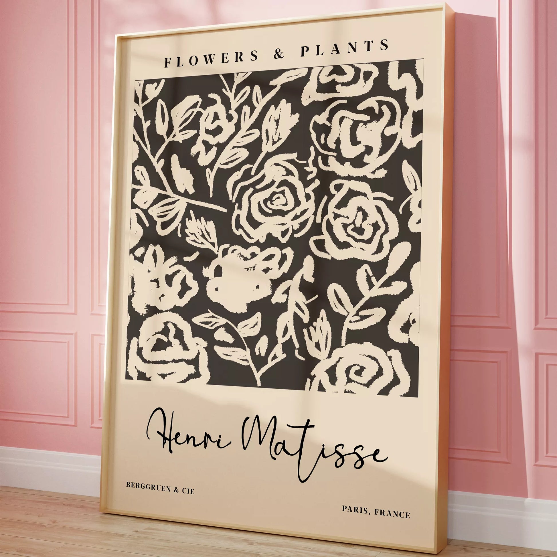 モノクロの花柄アートプリント、マティスインスパイアされた白黒の植物デザイン