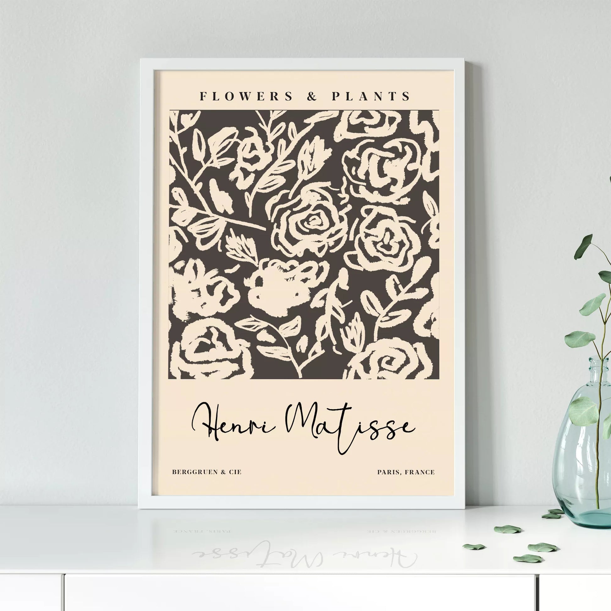 モノクロの花柄アートプリント、マティスインスパイアされた白黒の植物デザイン