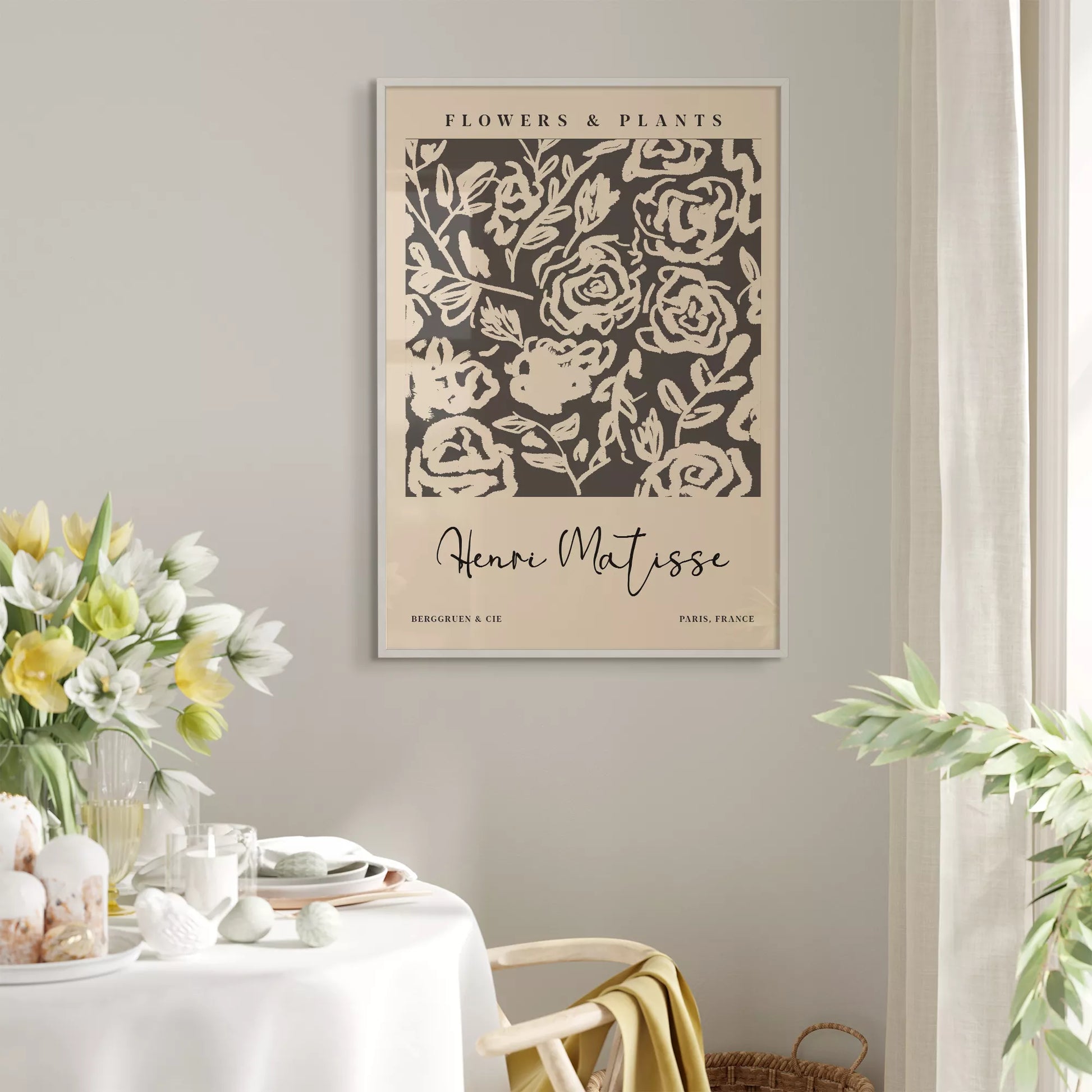 モノクロの花柄アートプリント、マティスインスパイアされた白黒の植物デザイン