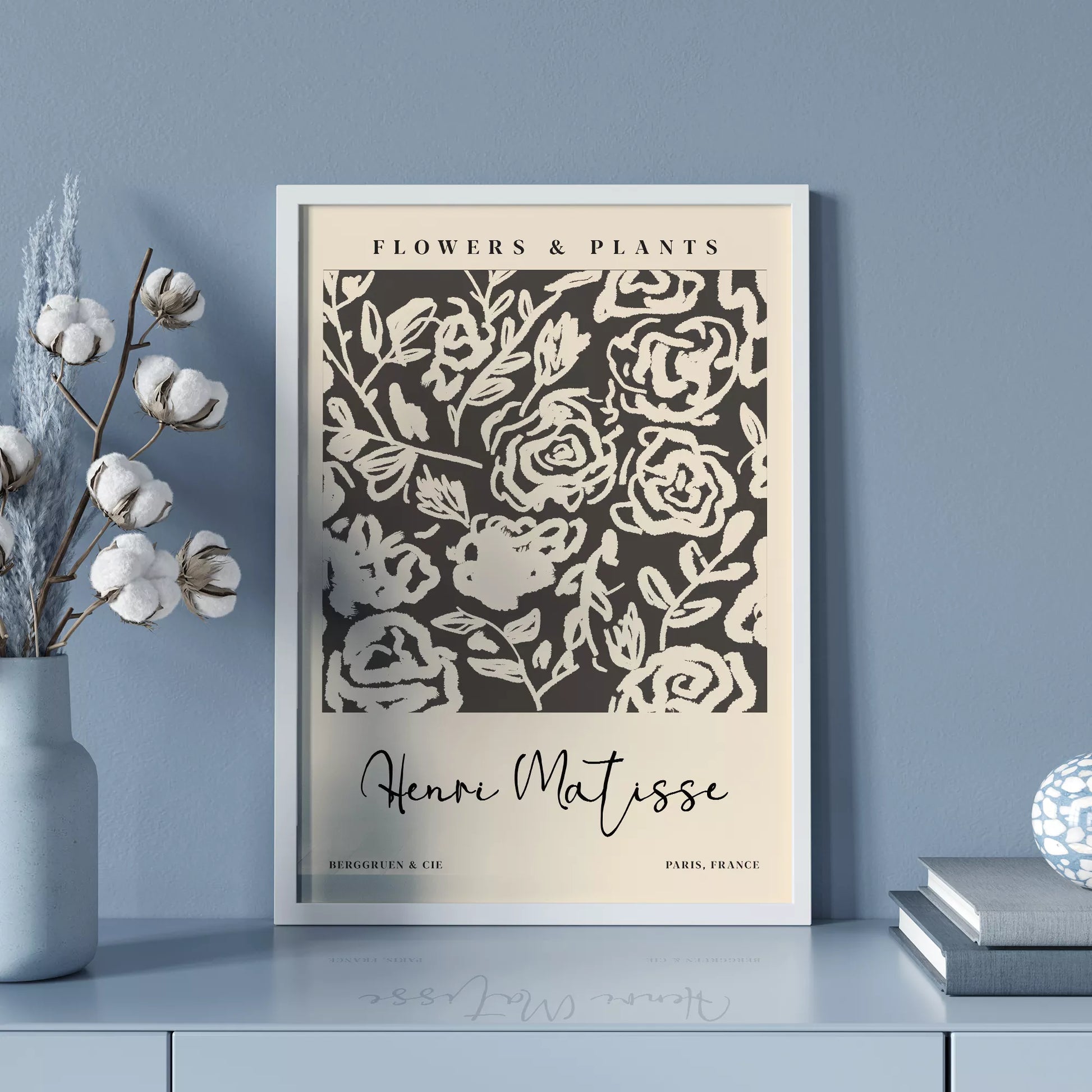 モノクロの花柄アートプリント、マティスインスパイアされた白黒の植物デザイン